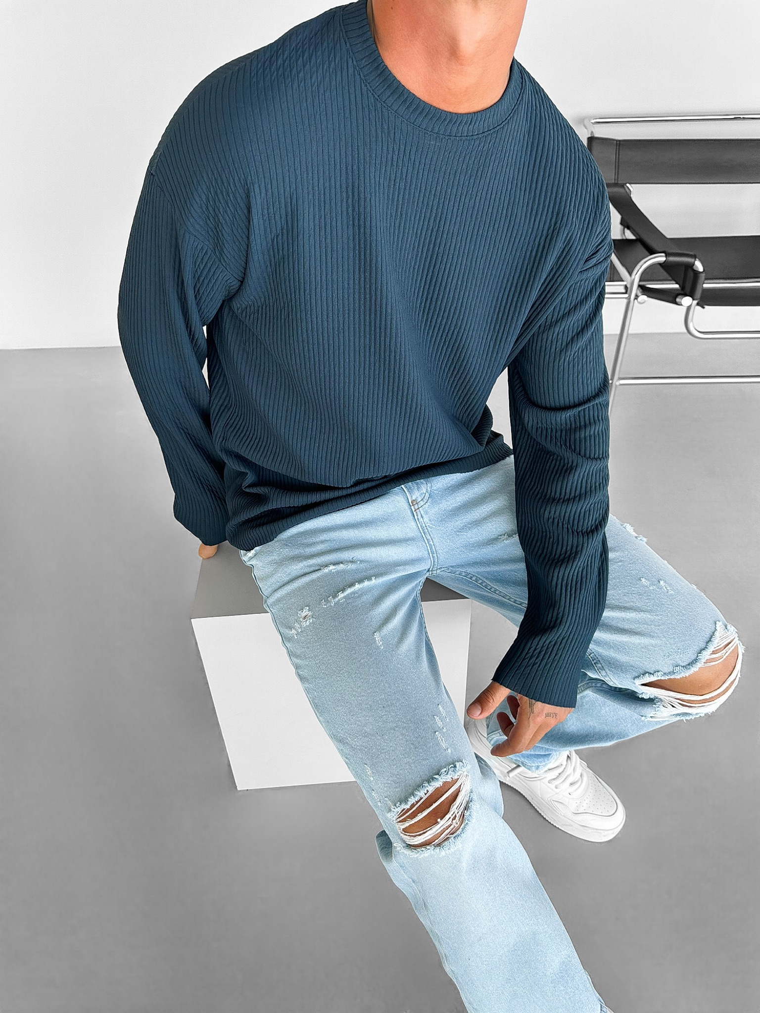 Erkek Rahat Kalıp Fitilli Uzun Kollu Sweatshirt Petrol Mavi