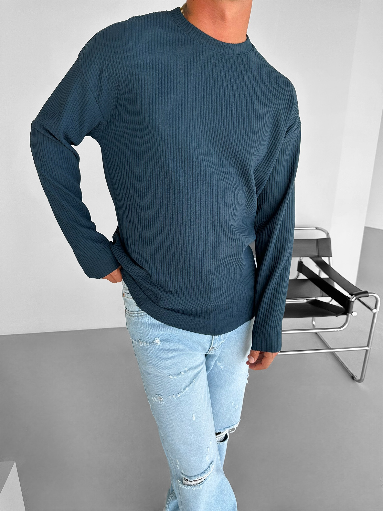 Erkek Rahat Kalıp Fitilli Uzun Kollu Sweatshirt Petrol Mavi