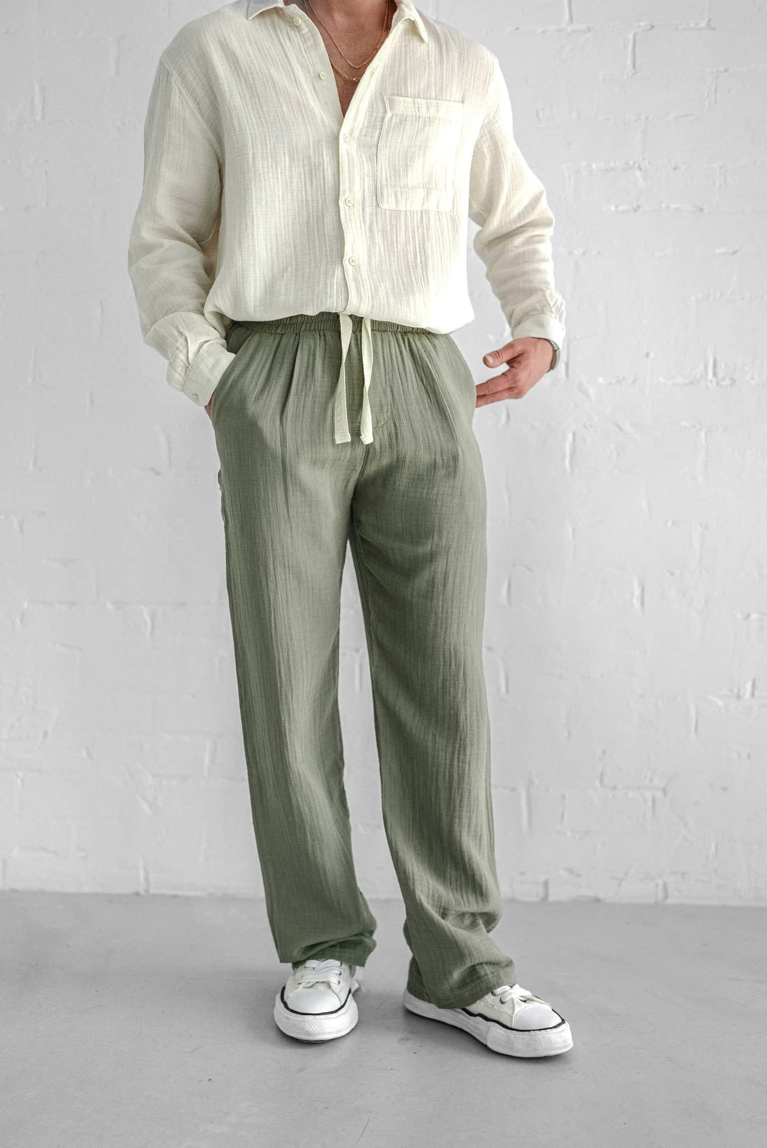 Erkek Rahat Kesim Baggy Fit Müslin Pantolon Açık Yeşil