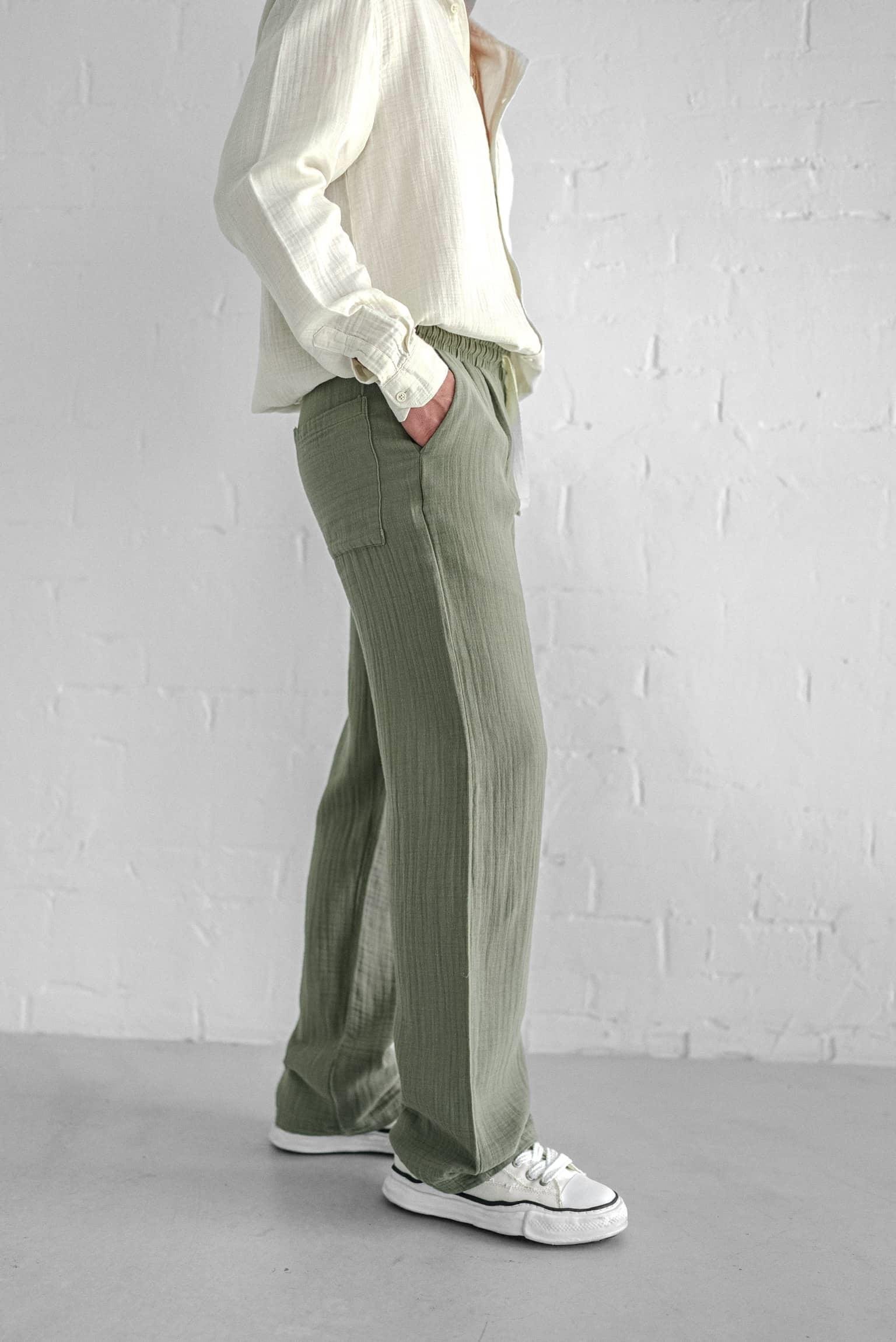 Erkek Rahat Kesim Baggy Fit Müslin Pantolon Açık Yeşil