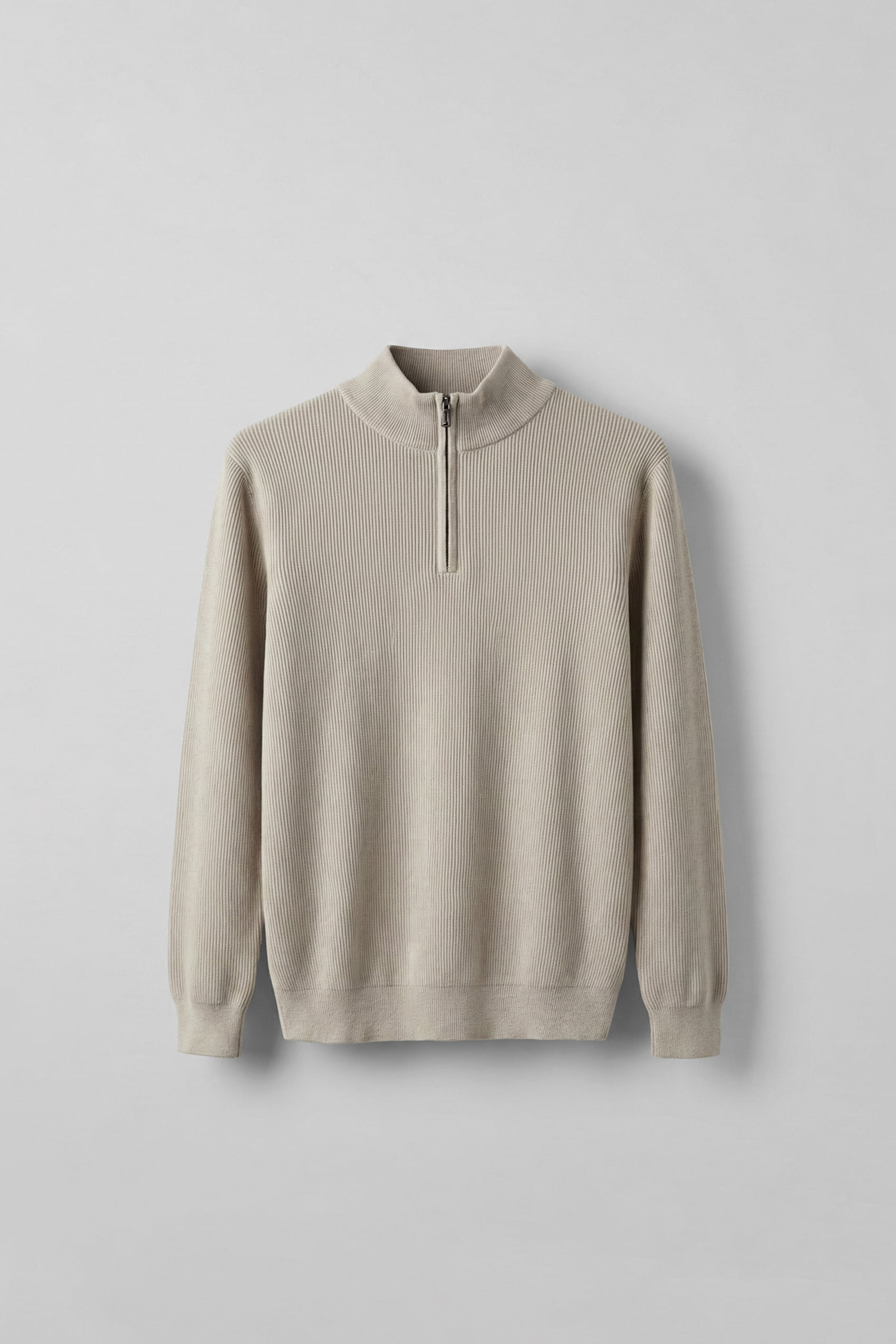 Erkek Regular Fit Fermuarlı Premium Kumaş Kazak Bej