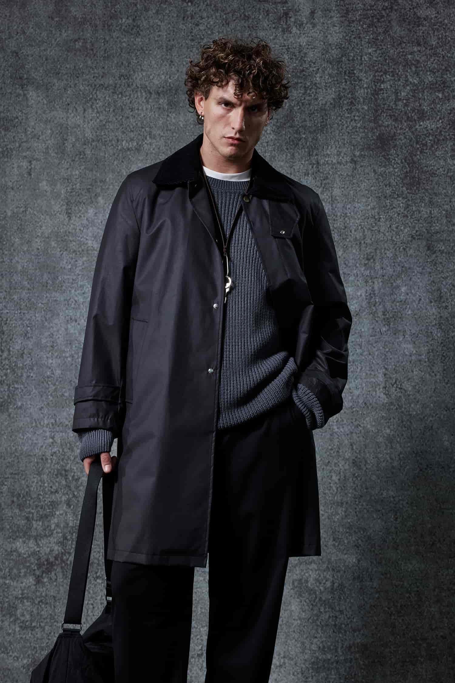 Erkek Relax Fit Kadife Yaka Detaylı Uzun Trençkot Siyah