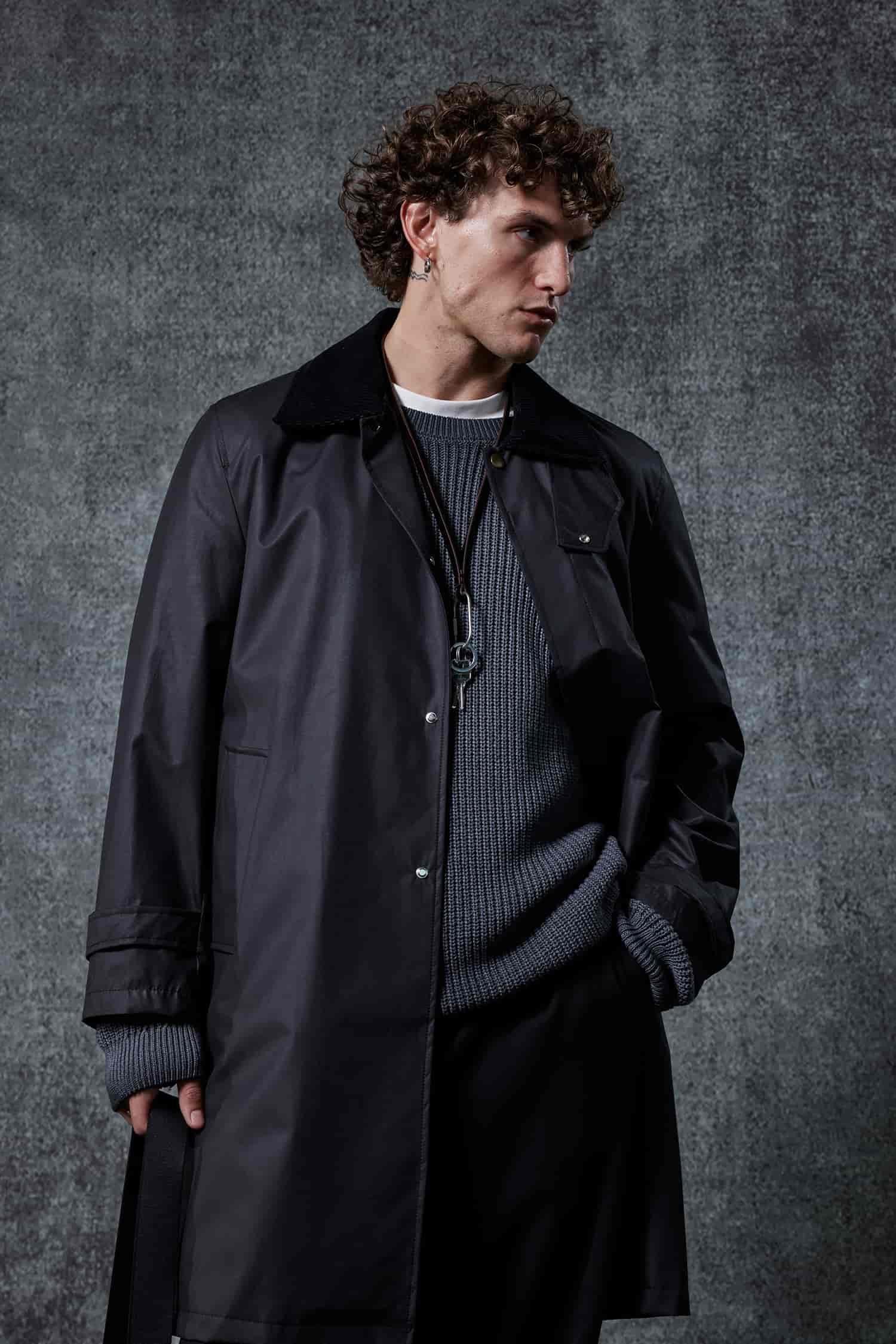 Erkek Relax Fit Kadife Yaka Detaylı Uzun Trençkot Siyah