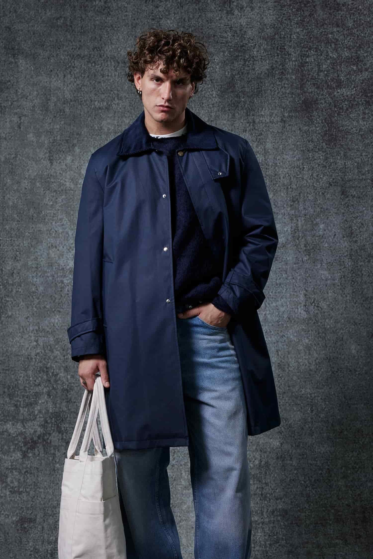 Erkek Relax Fit Kadife Yaka Detaylı Uzun Trençkot Lacivert