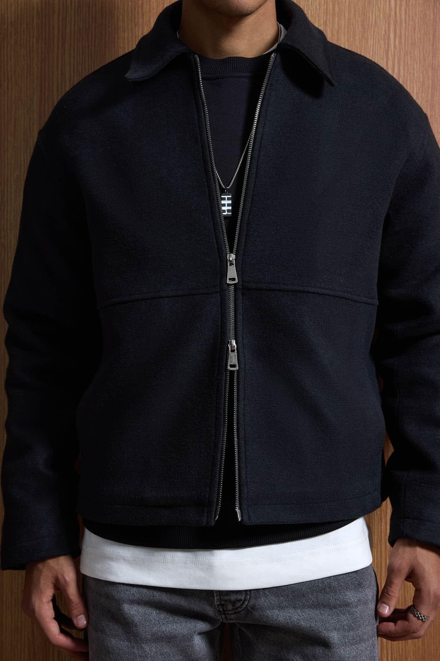 Erkek Relax Fit Premium Kaşe Ceket Kaban Siyah