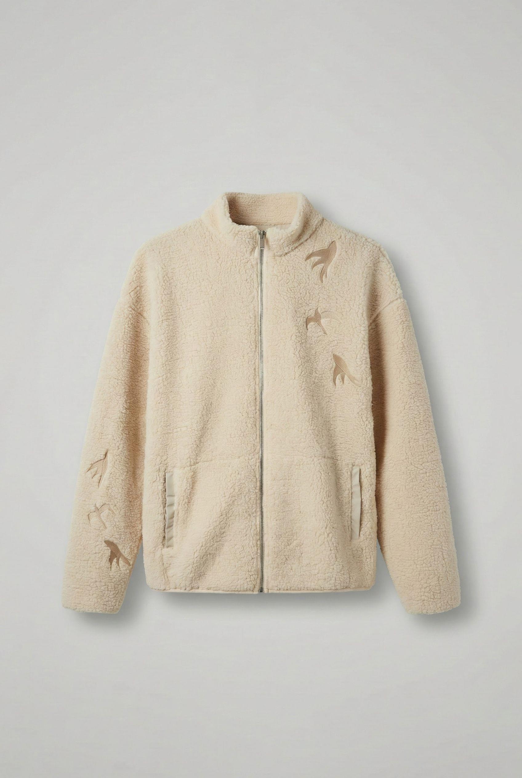 Erkek Relaxed Fit Premium Sherpa Nakış Detaylı Fermuarlı Ceket Bej