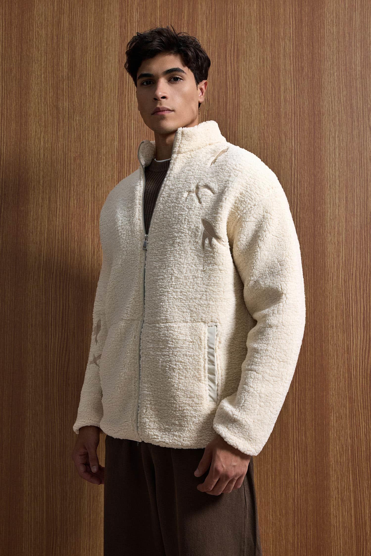 Erkek Relaxed Fit Premium Sherpa Nakış Detaylı Fermuarlı Ceket Bej