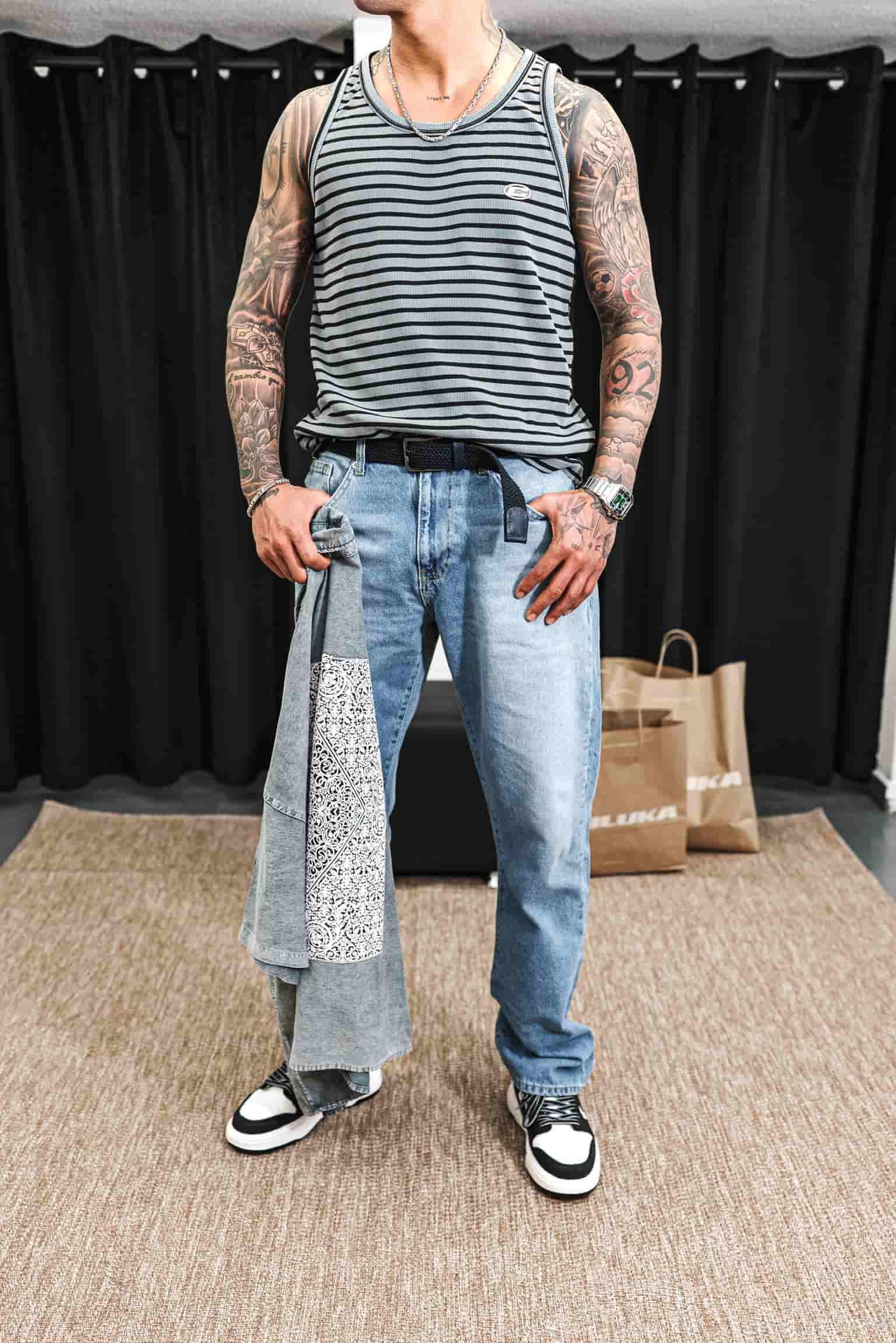 Erkek Ribana Kumaş Çizgili Atlet Gri