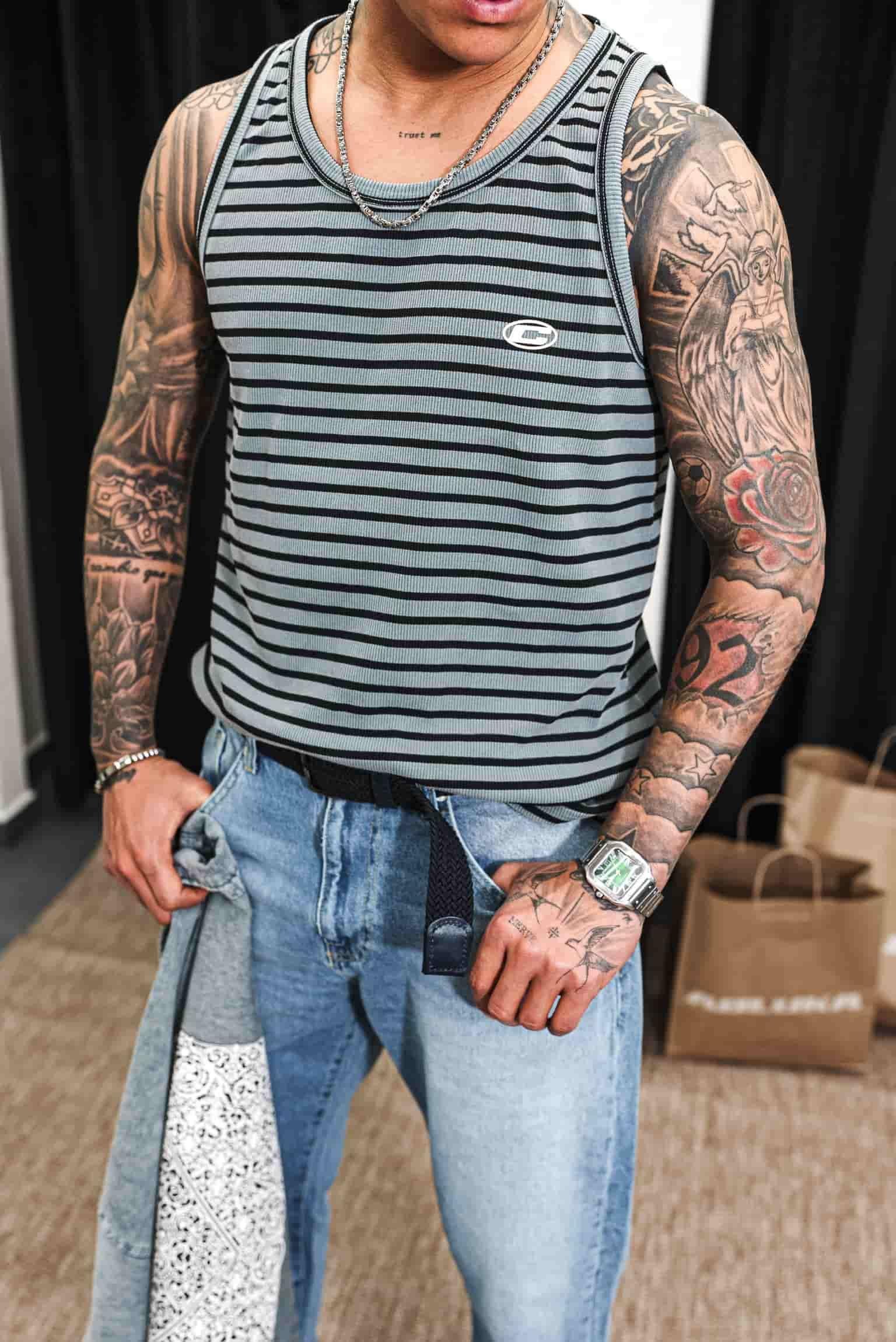 Erkek Ribana Kumaş Çizgili Atlet Gri