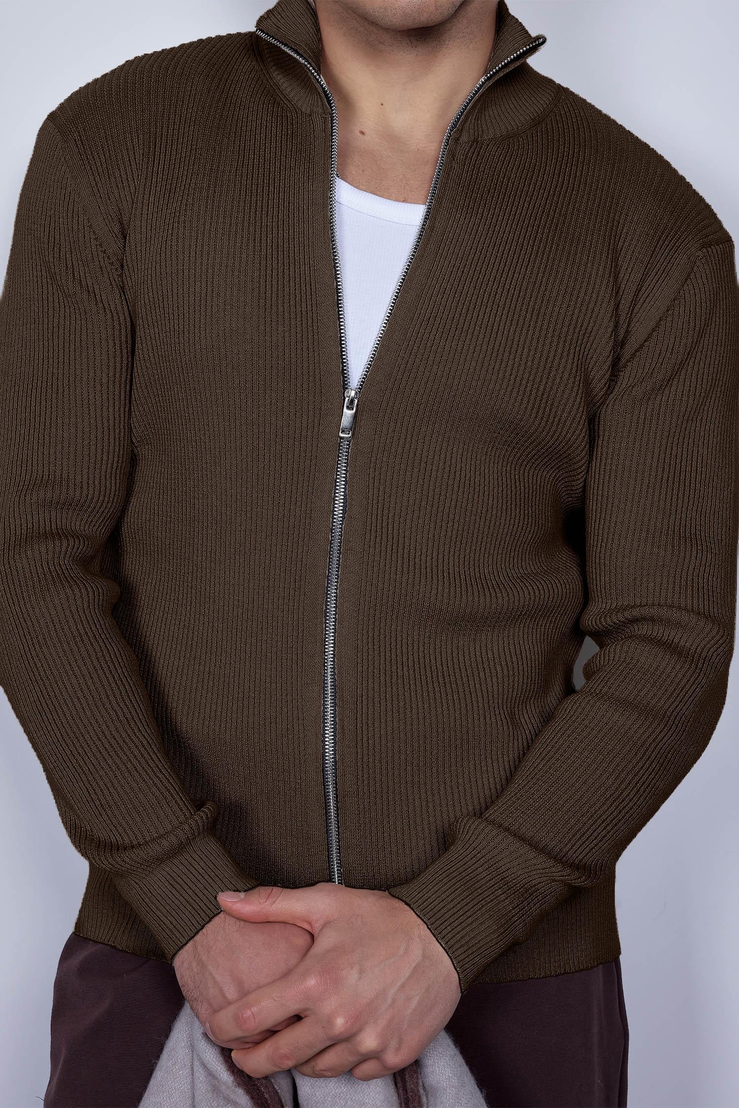 Erkek Slim Fit Dik Yaka Fermuarlı Hırka Kahverengi