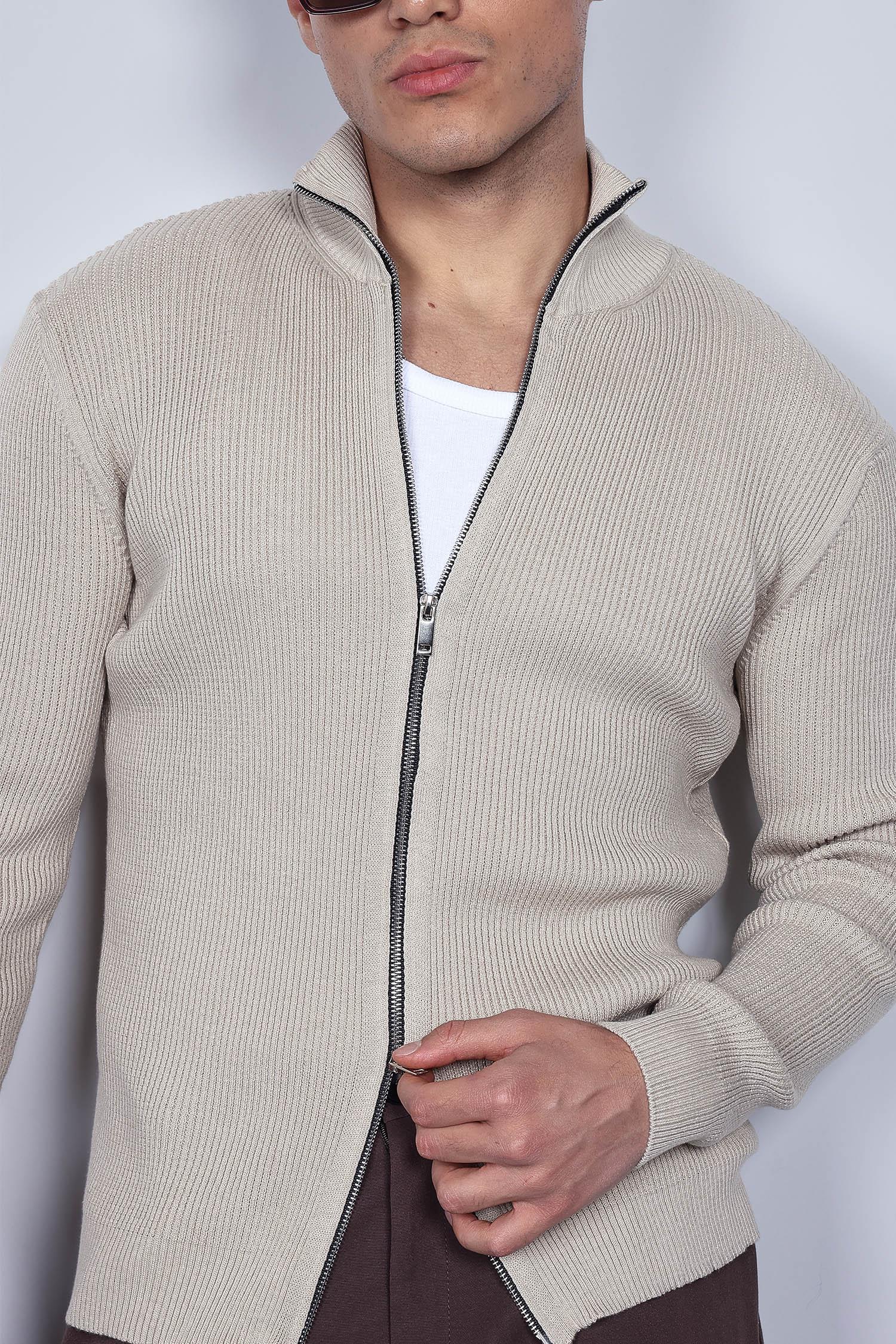 Erkek Slim Fit Dik Yaka Fermuarlı Hırka Bej
