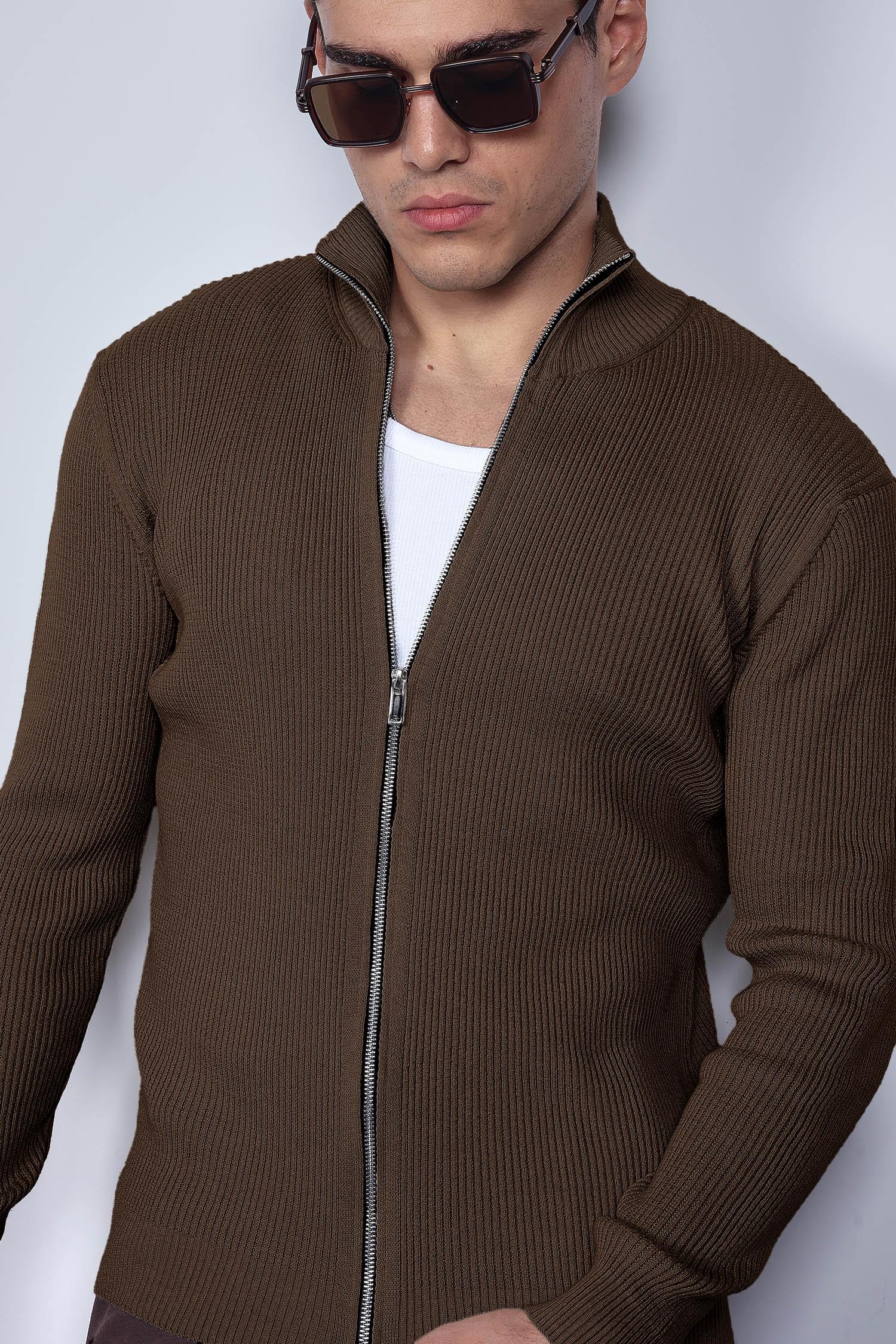 Erkek Slim Fit Dik Yaka Fermuarlı Hırka Kahverengi