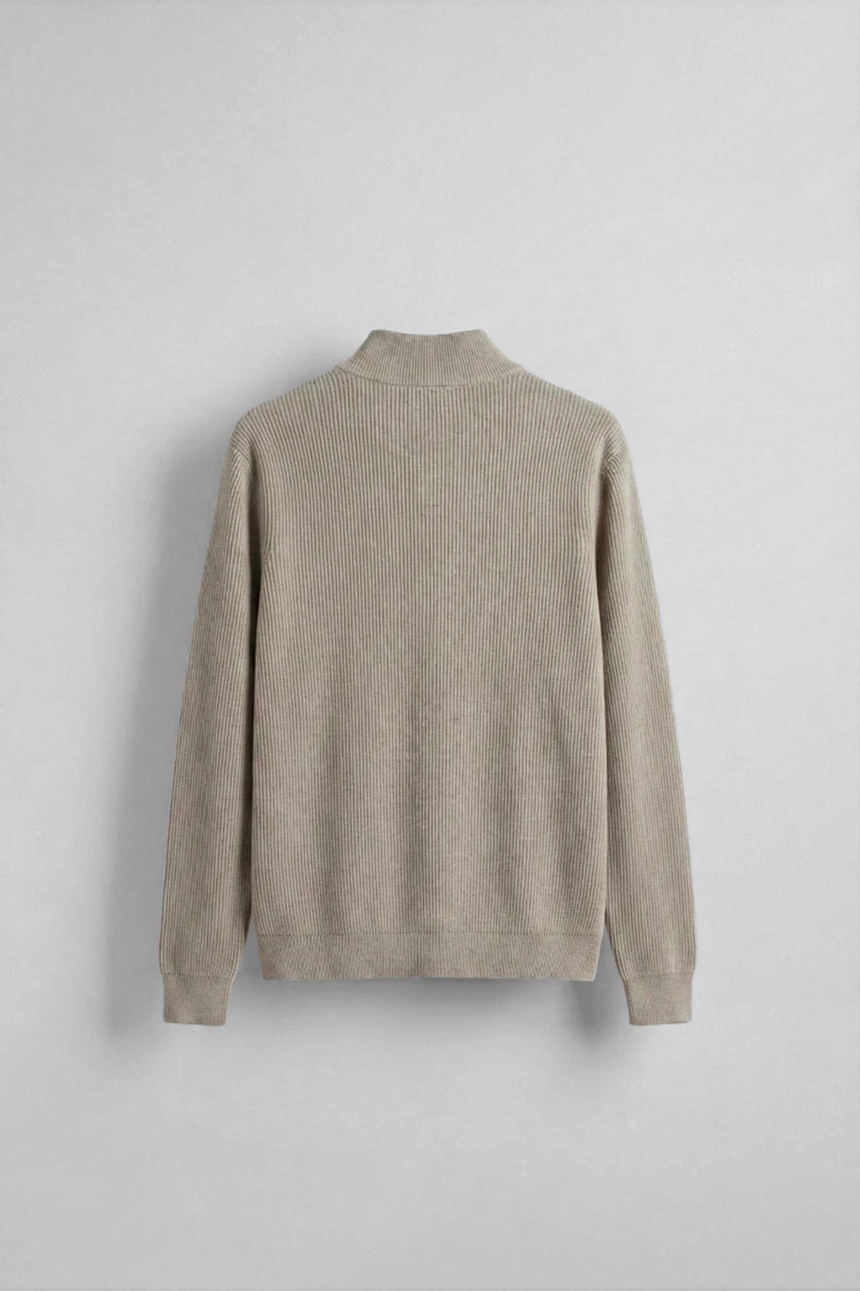 Erkek Slim Fit Fermuarlı Dik Yaka Fitilli Triko Hırka Taş Rengi