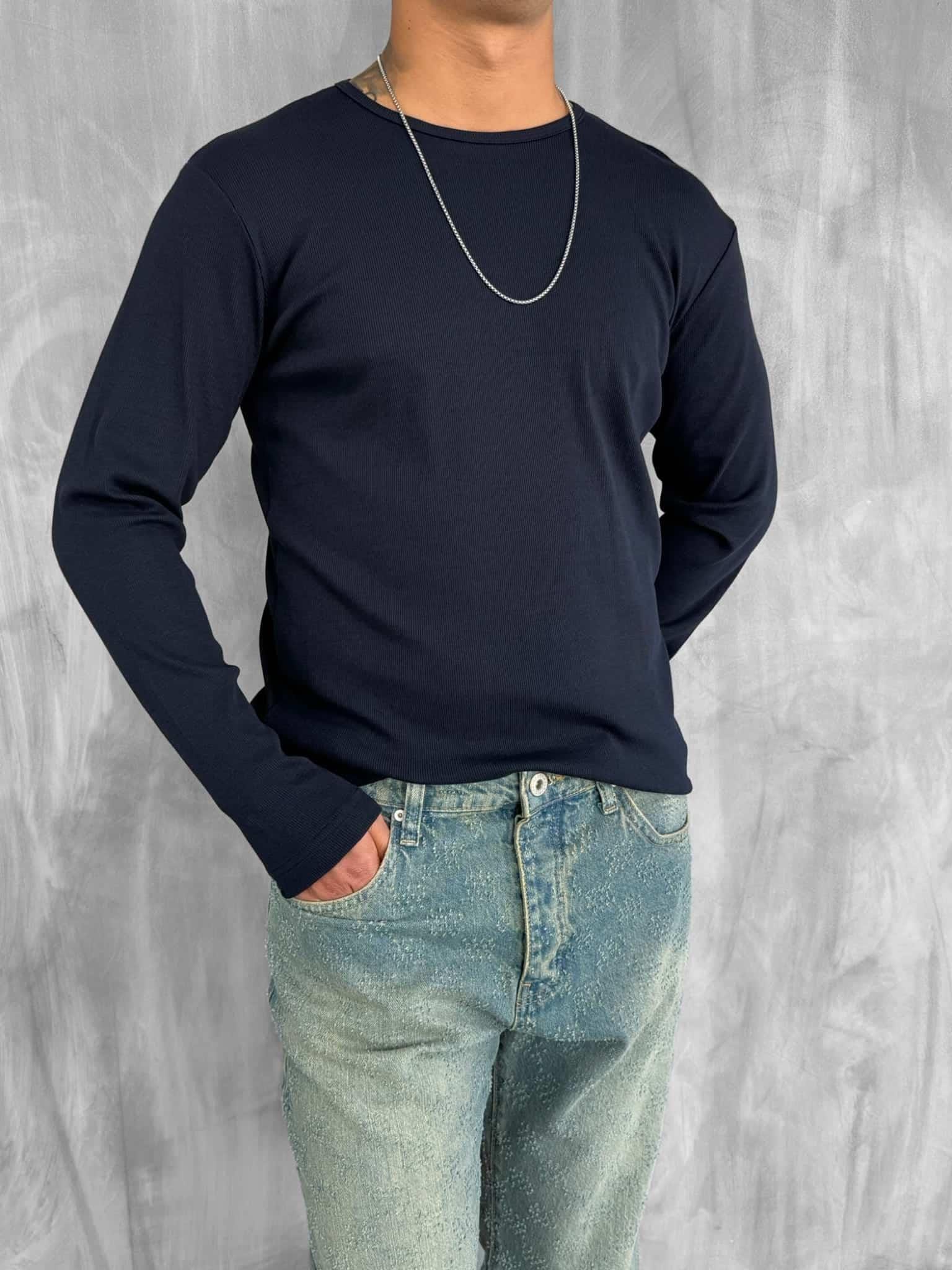 Erkek Slim Fit Fitilli Basic Esnek Uzun Kollu T-Shirt Lacivert