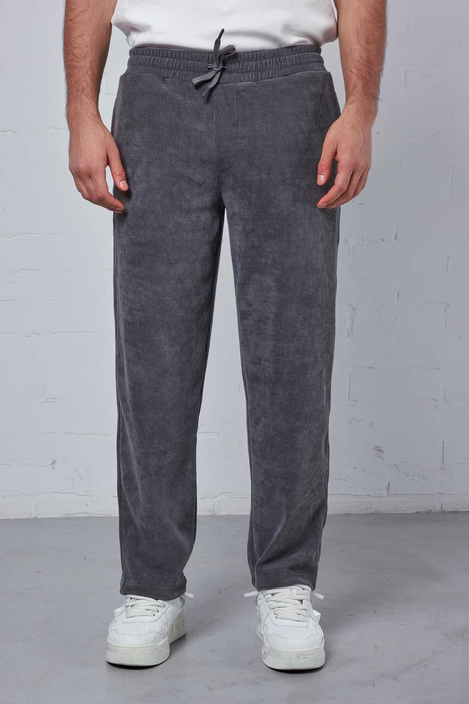 Erkek Regular Fit Fitilli Beli Lastikli Pantolon Füme