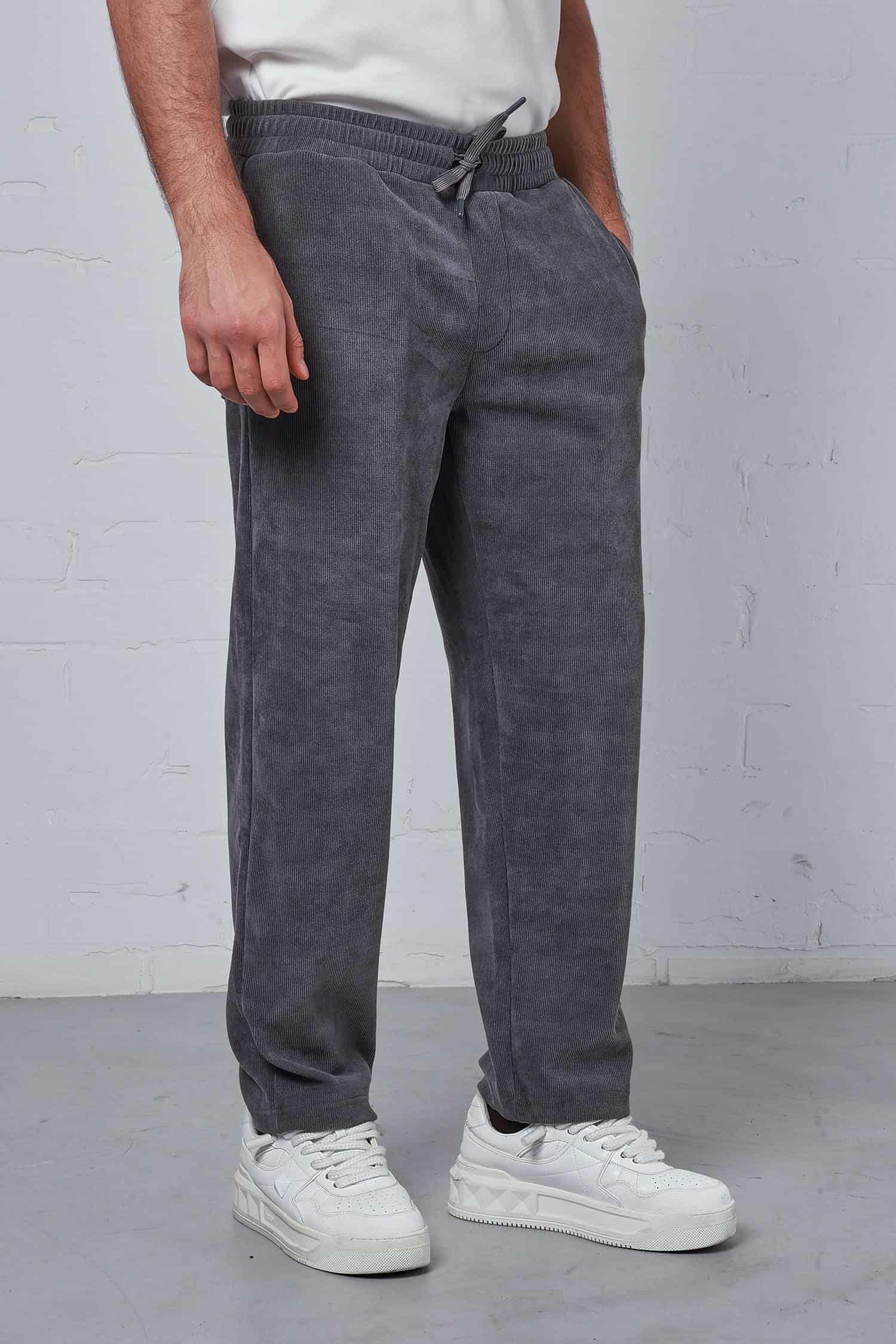 Erkek Regular Fit Fitilli Beli Lastikli Pantolon Füme