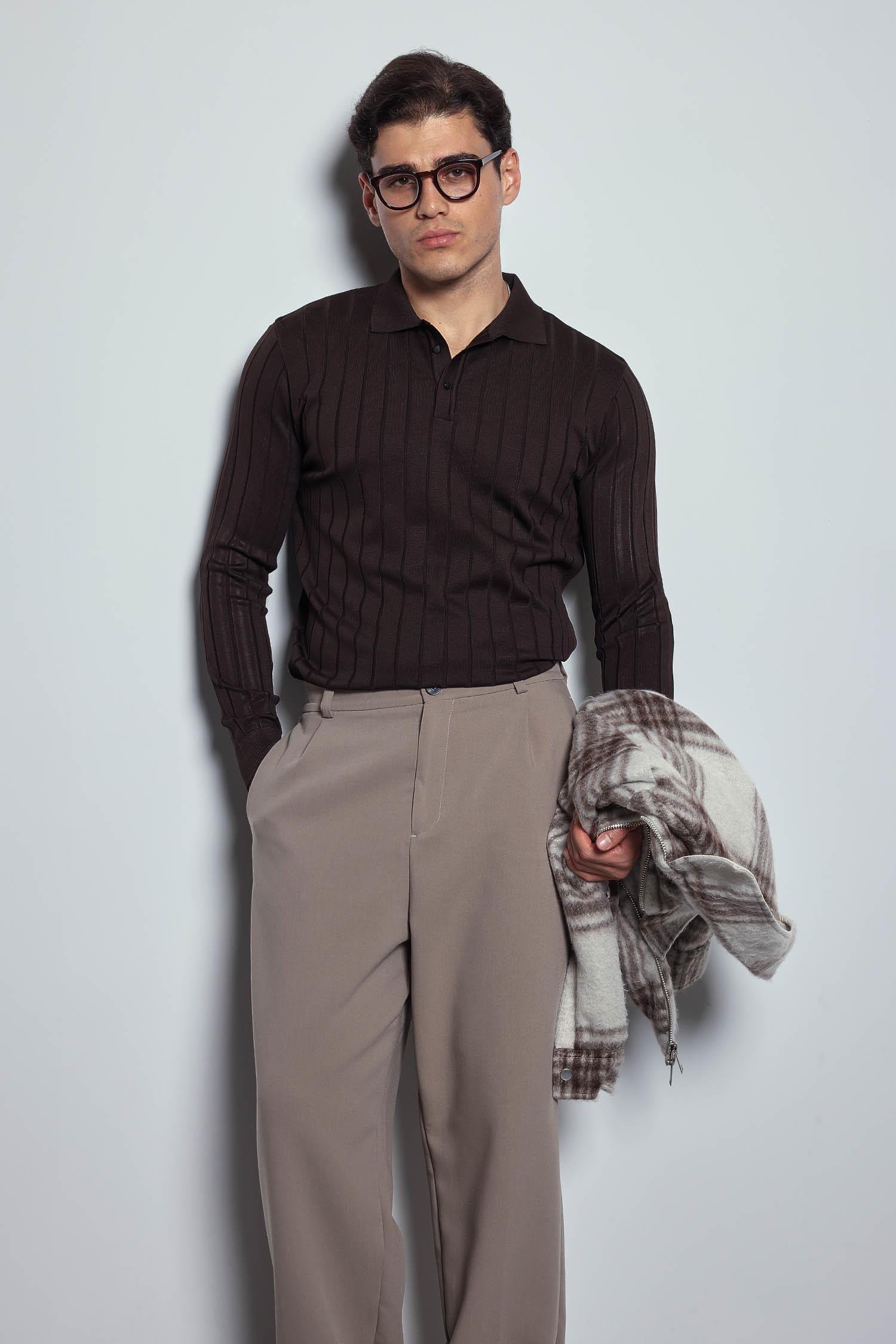 Erkek Slim Fit Premium Kumaş Polo Yaka Düğmeli Kazak Kahverengi