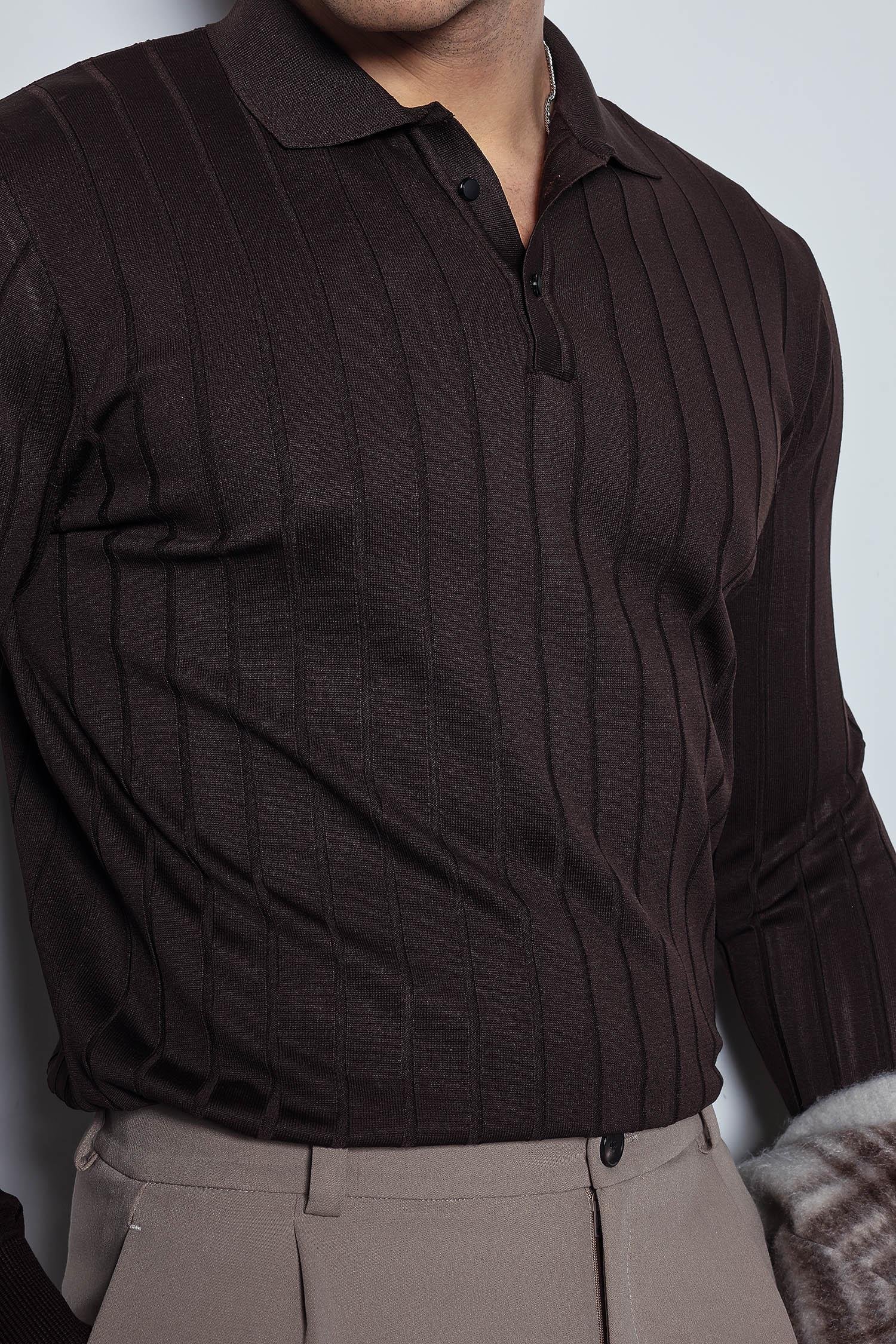 Erkek Slim Fit Premium Kumaş Polo Yaka Düğmeli Kazak Kahverengi