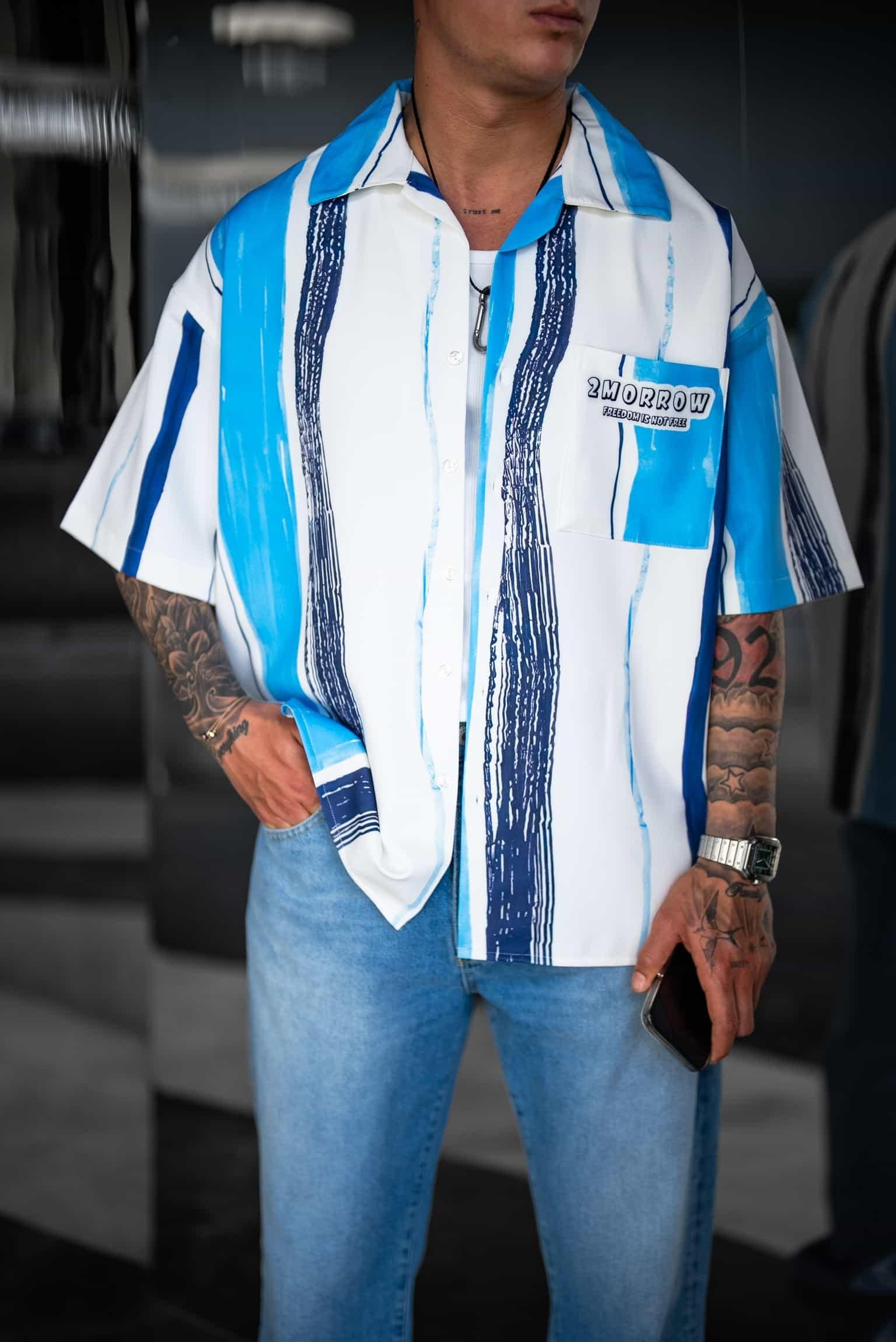 Erkek Süper Oversize Desenli Kısa Kollu Gömlek Mavi