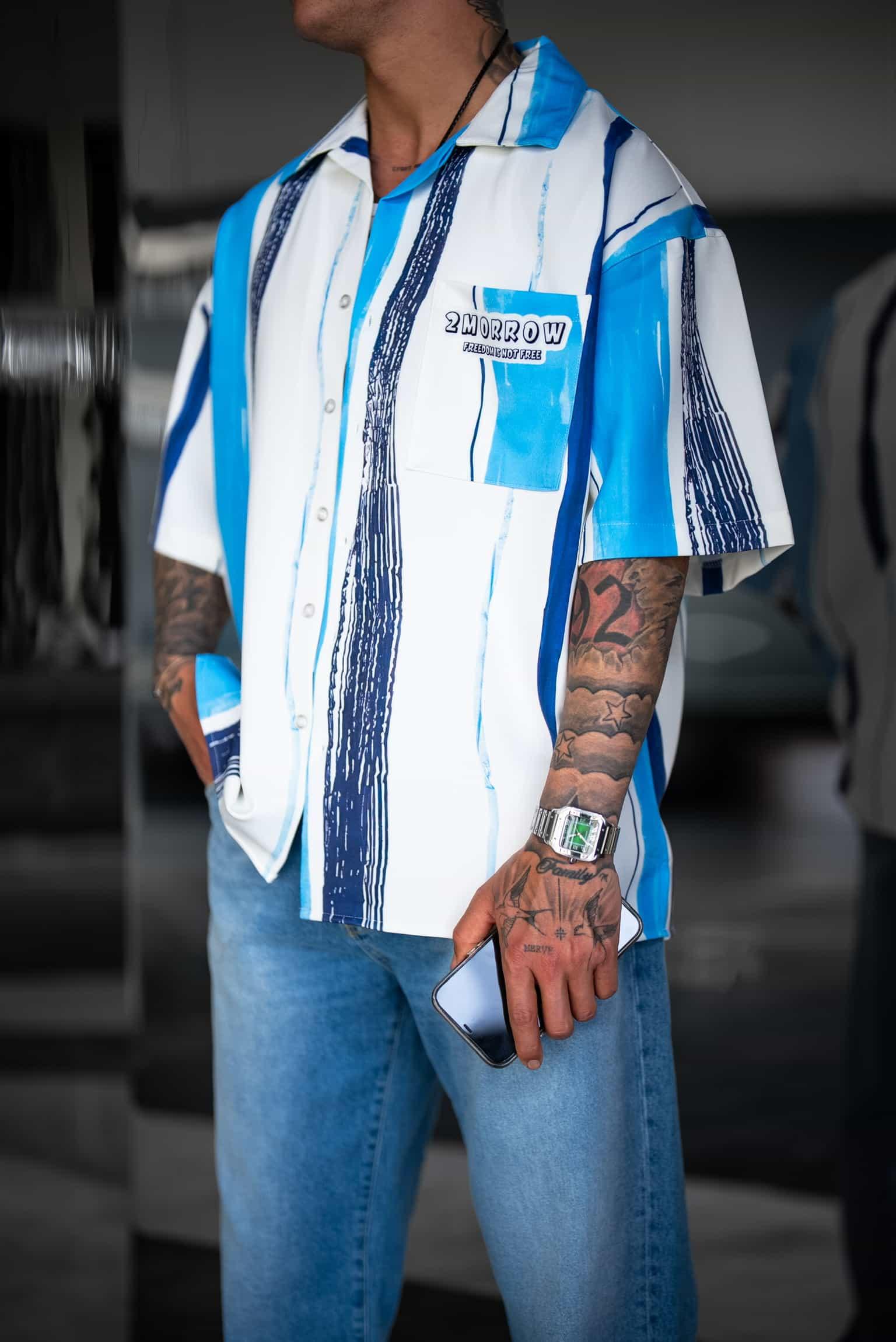 Erkek Süper Oversize Desenli Kısa Kollu Gömlek Mavi