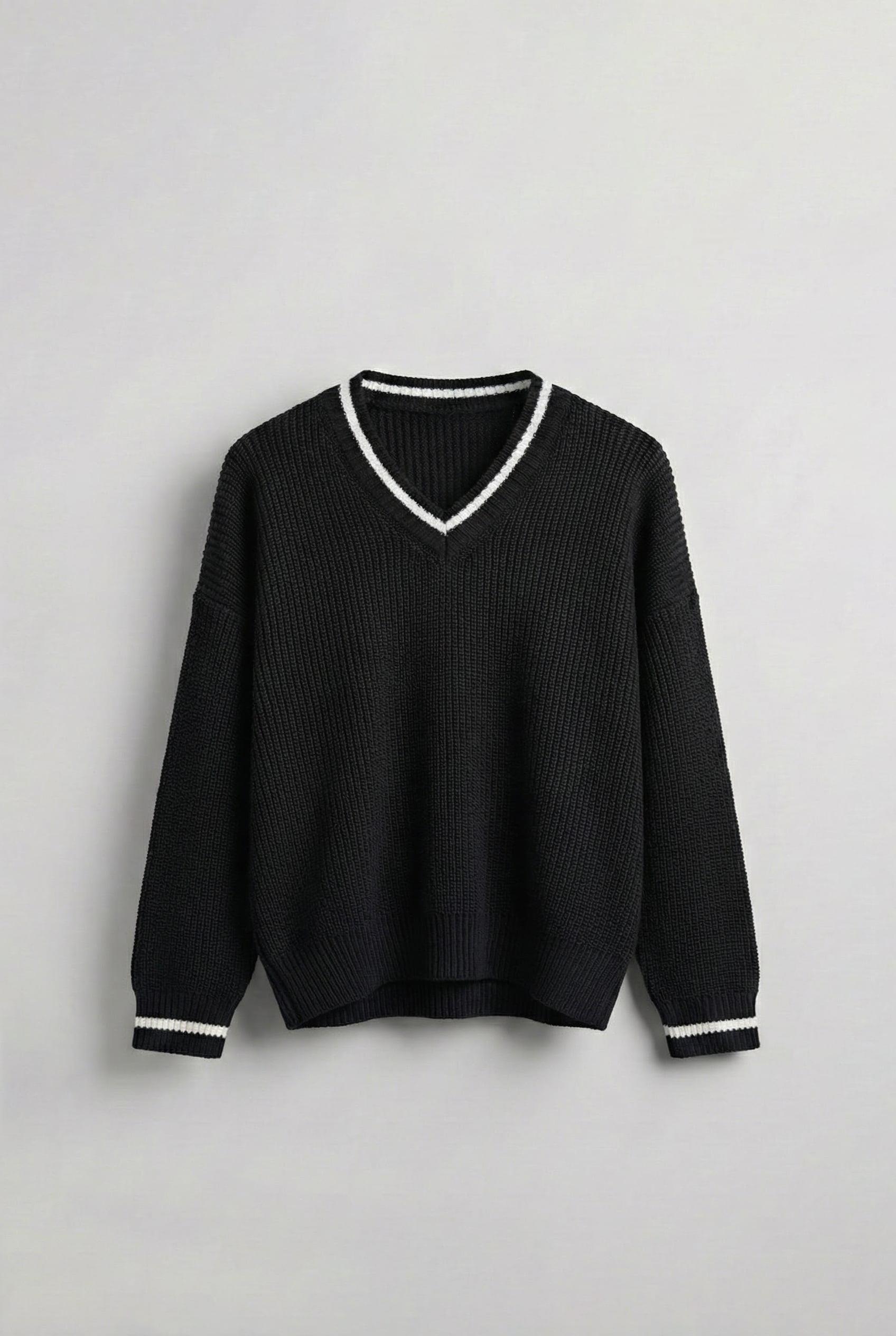 Erkek V Yaka Oversize Kontrast Detaylı Kazak Siyah