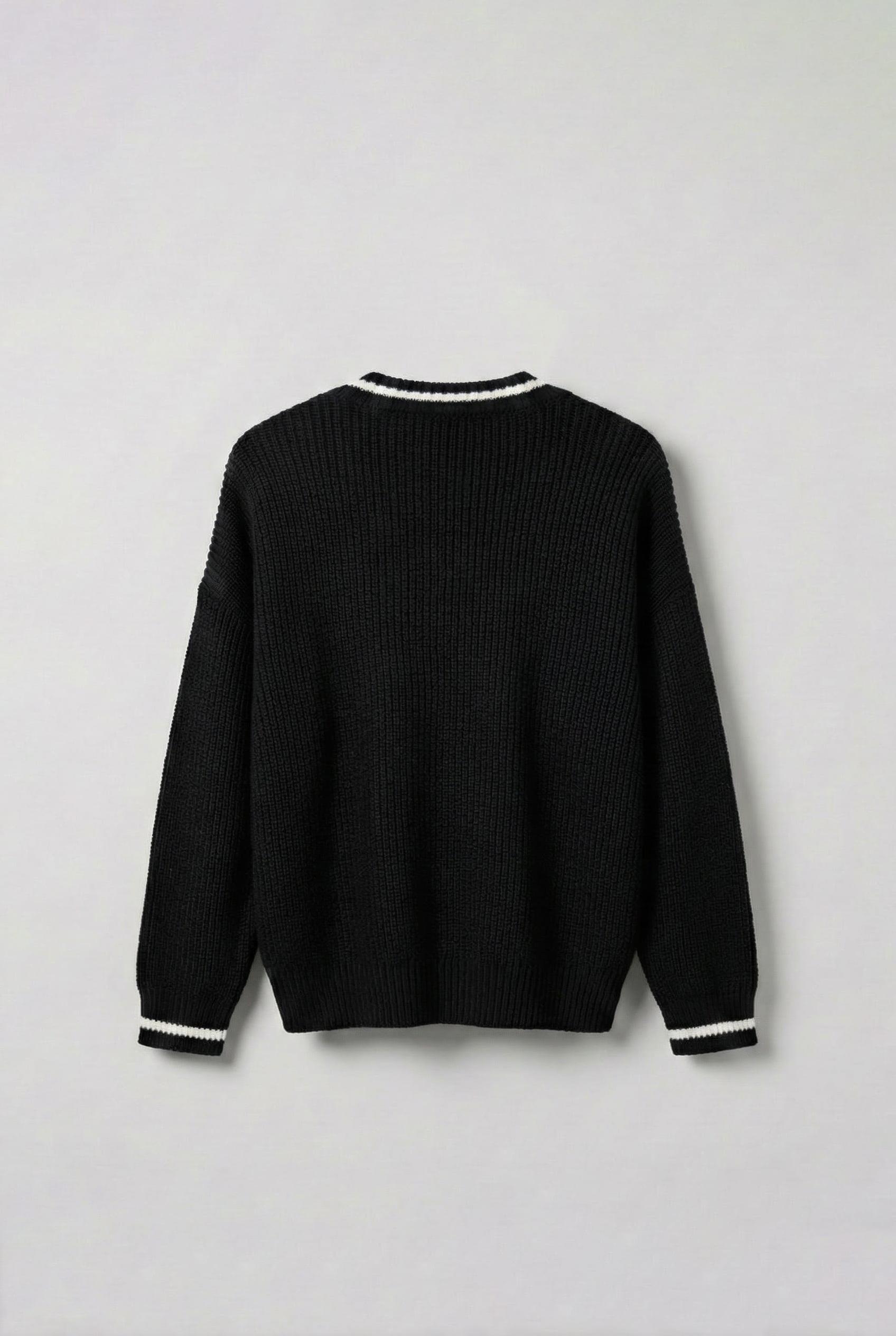 Erkek V Yaka Oversize Kontrast Detaylı Kazak Siyah