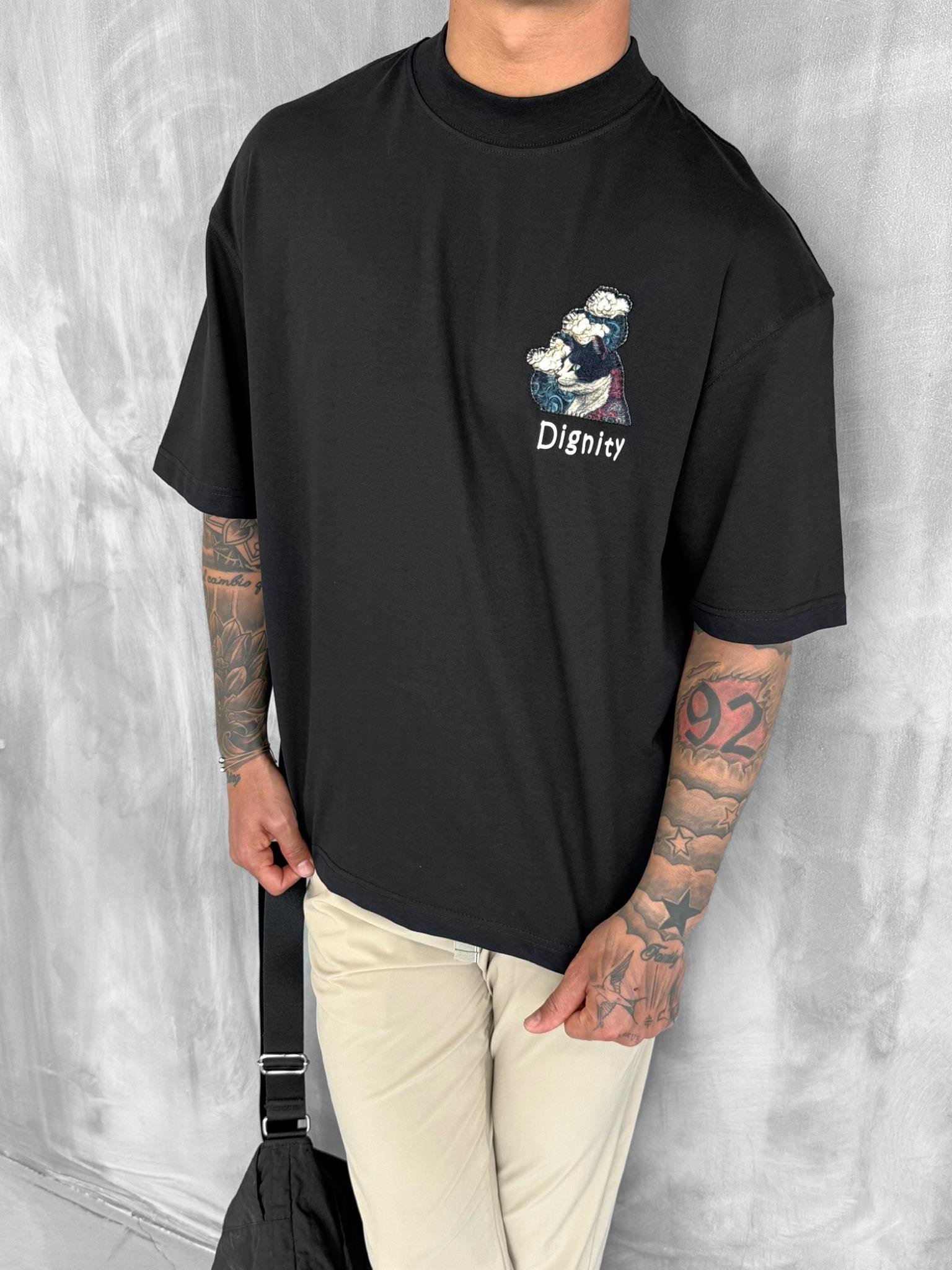 Erkek Yamalı Oversize T-Shirt Siyah