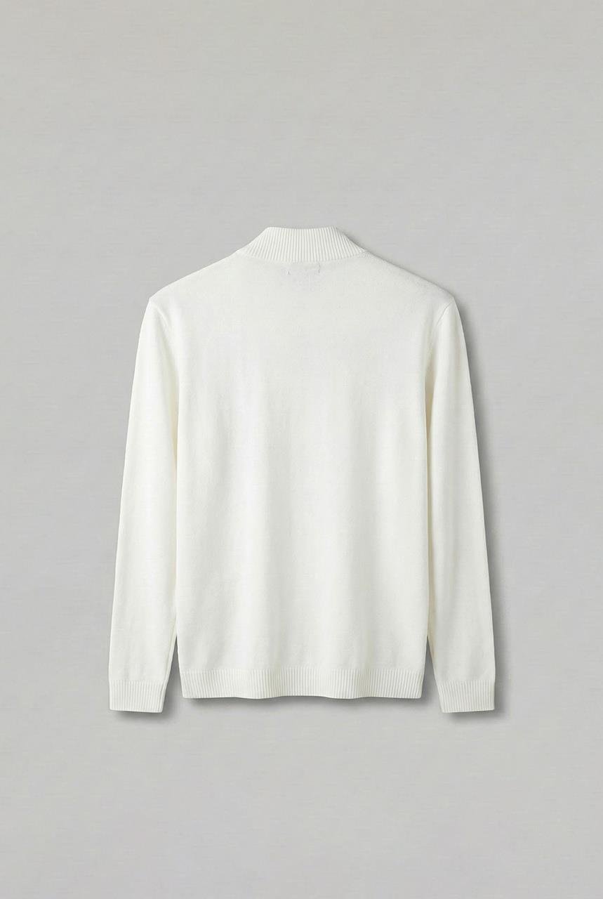 Erkek Yarım Fermuarlı Polo Yaka Kazak Ekru