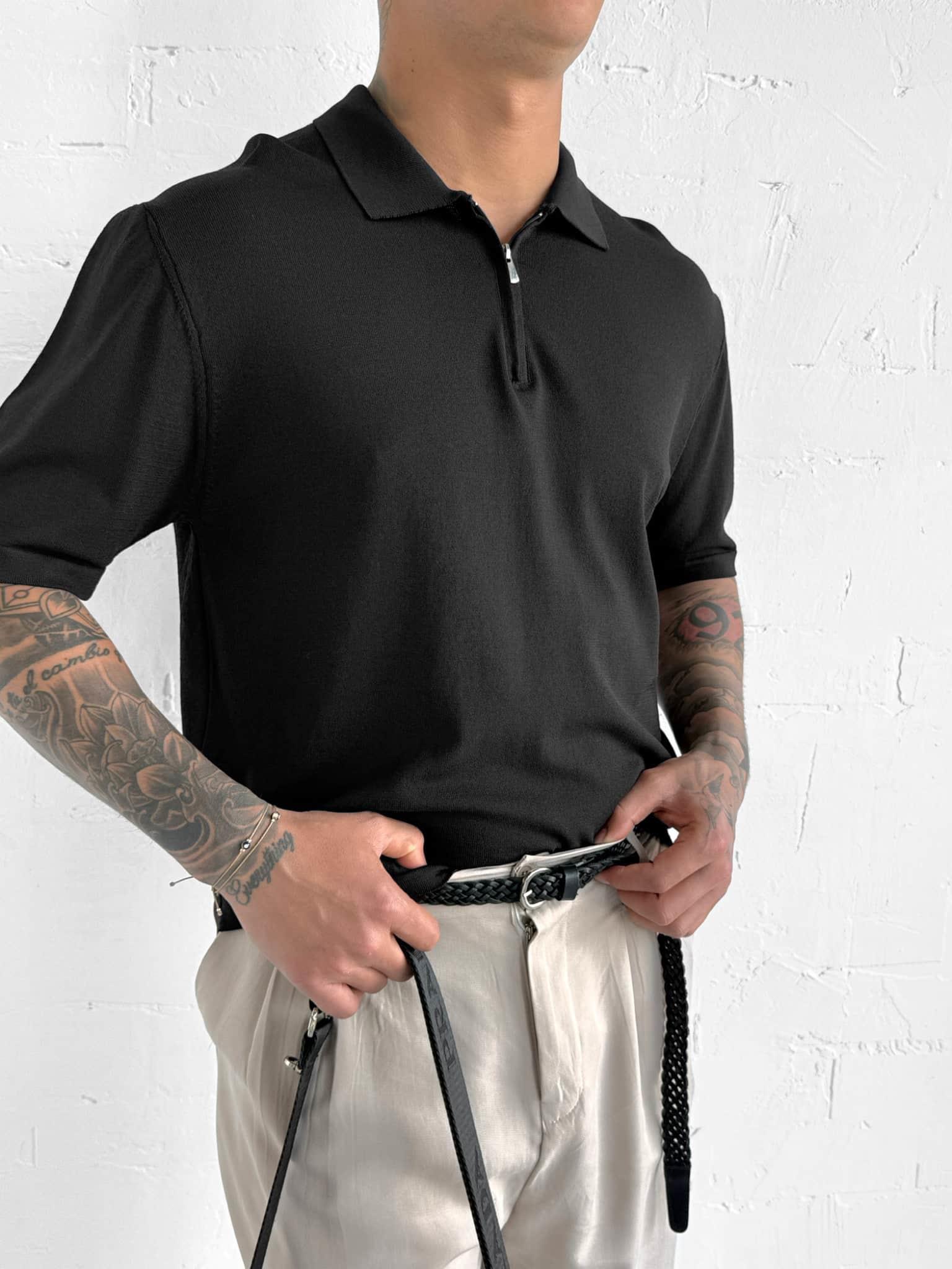 Erkek Yarım Fermuarlı Polo Yaka T-Shirt Siyah