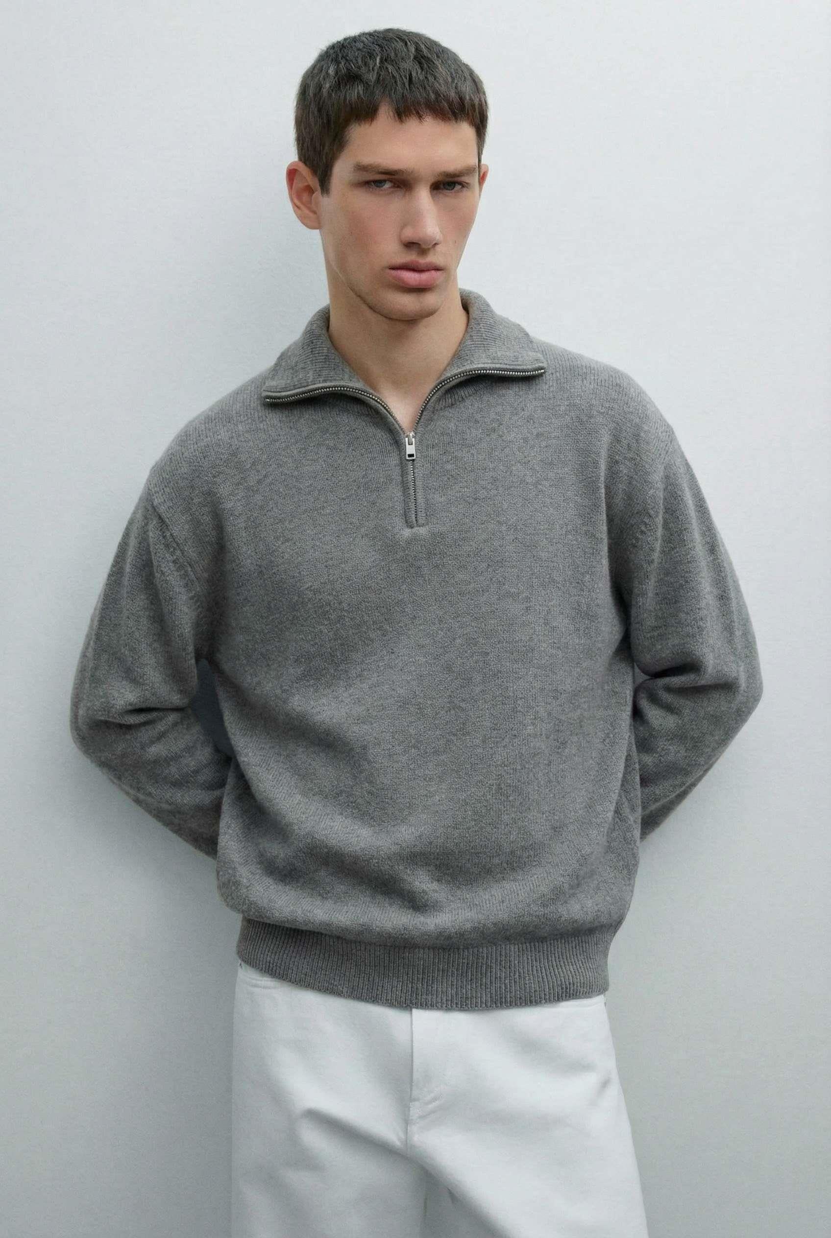 Erkek Yarım Fermuarlı Premium Kumaş Oversize Kazak Füme