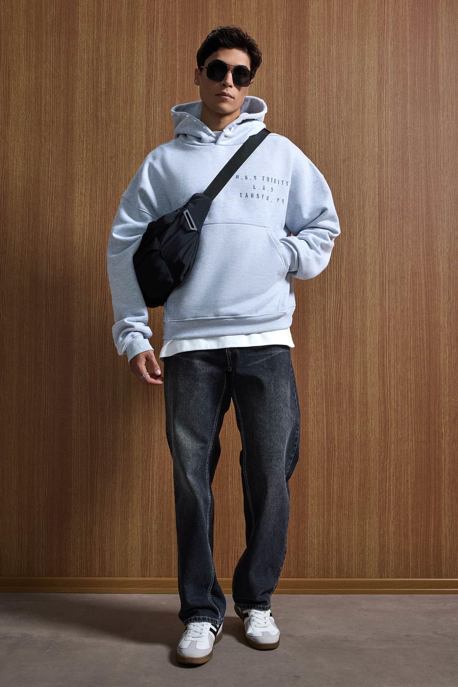 Erkek Yazı Baskılı Gramajlı Urban Hoodie Gri