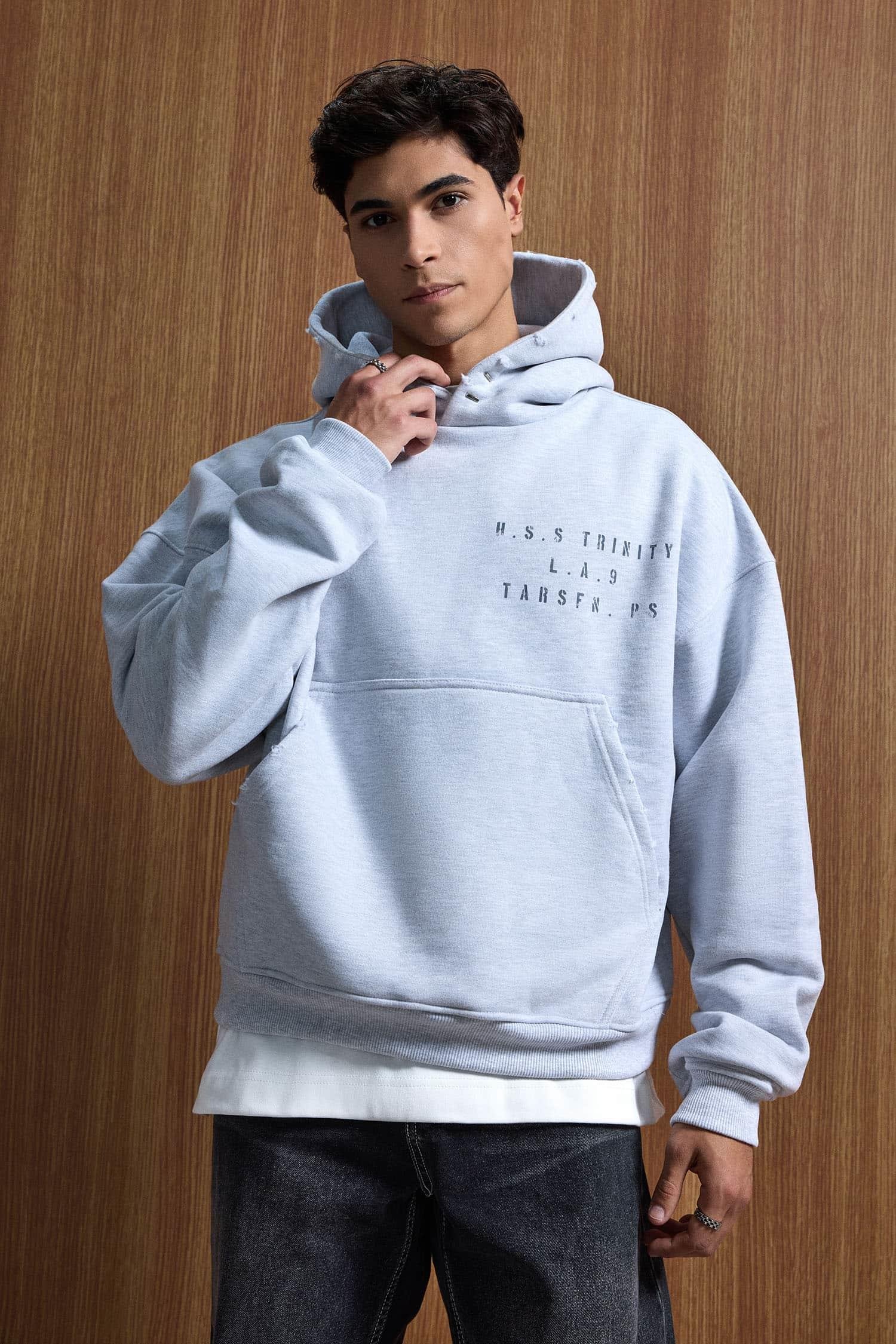 Erkek Yazı Baskılı Gramajlı Urban Hoodie Gri