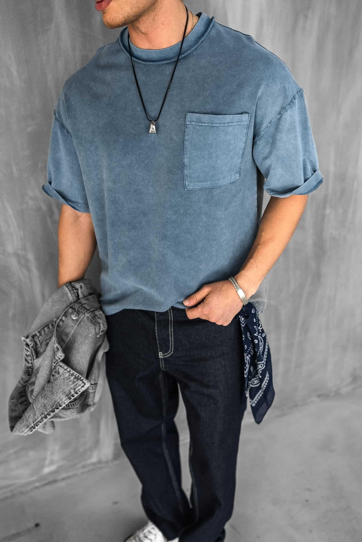 Erkek Yıkamalı Dikiş Detaylı Oversize T-Shirt Mavi