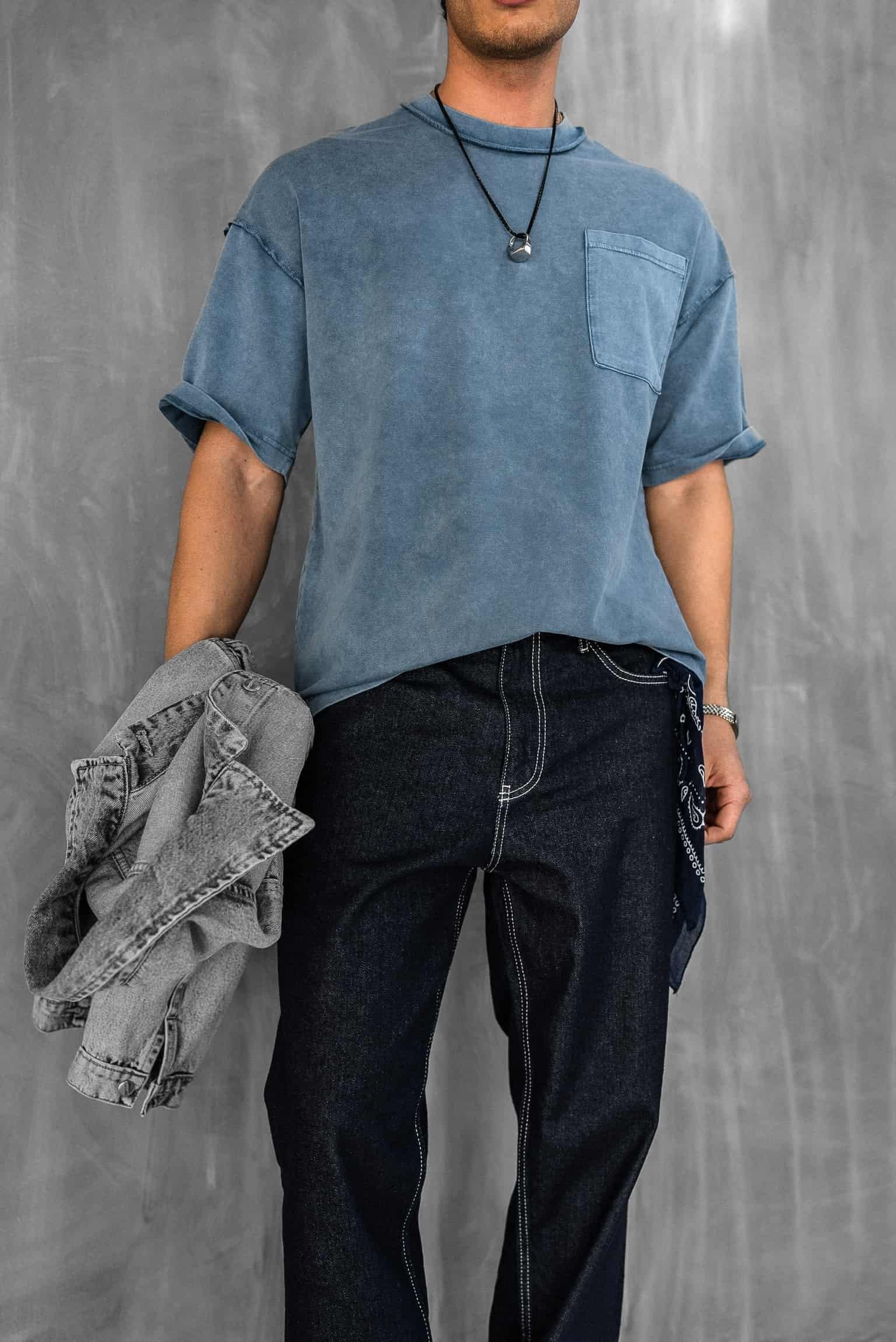 Erkek Yıkamalı Dikiş Detaylı Oversize T-Shirt Mavi