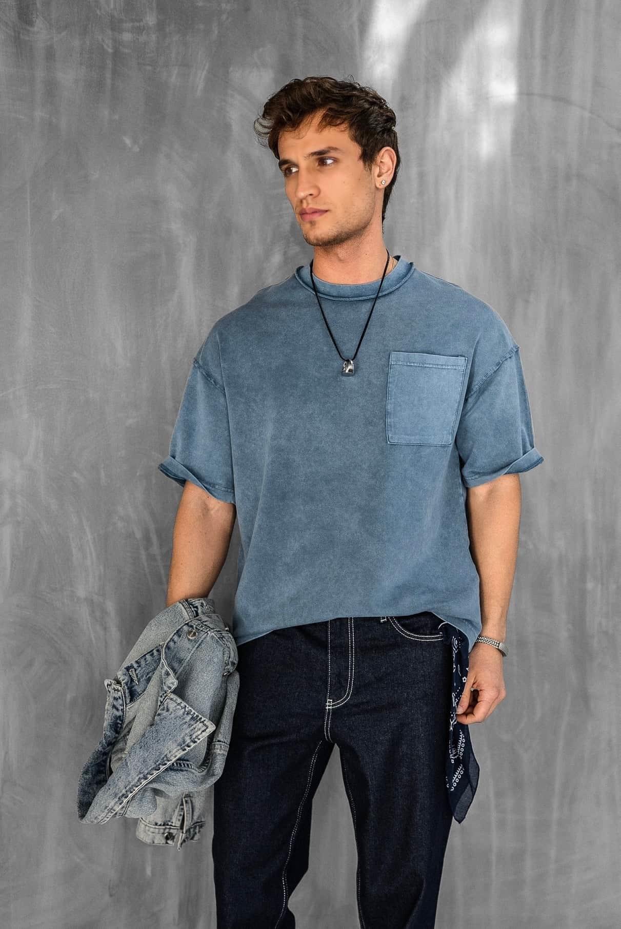 Erkek Yıkamalı Dikiş Detaylı Oversize T-Shirt Mavi