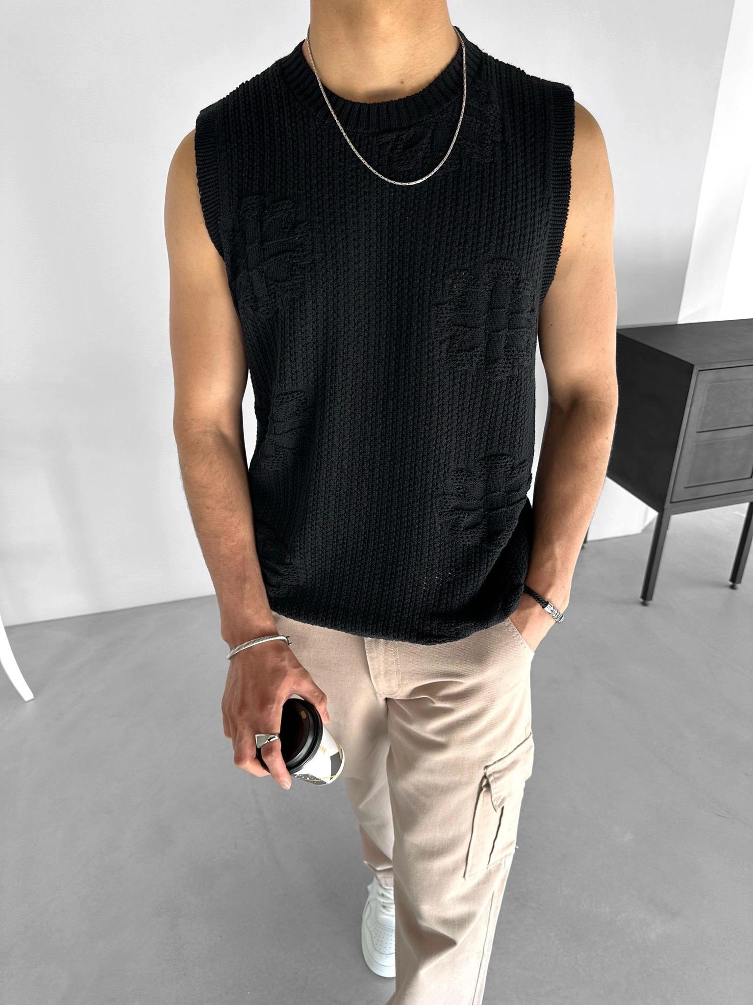 Erkek Örme Desenli T-Shirt Siyah