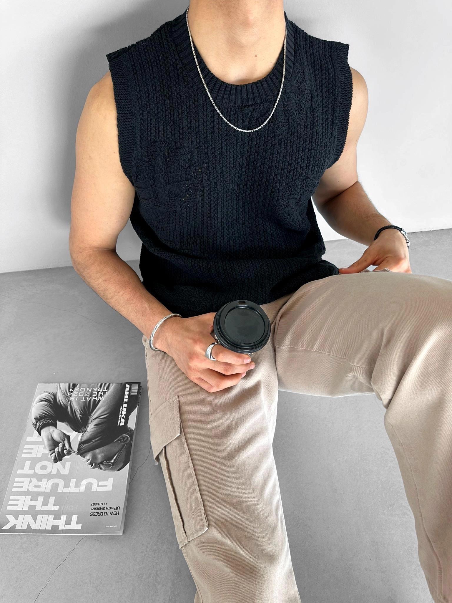 Erkek Örme Desenli T-Shirt Siyah