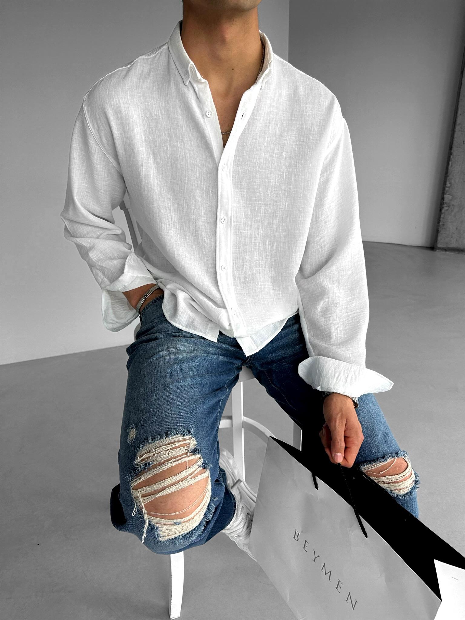 Erkek Oversize Basic Rahat Gömlek Beyaz