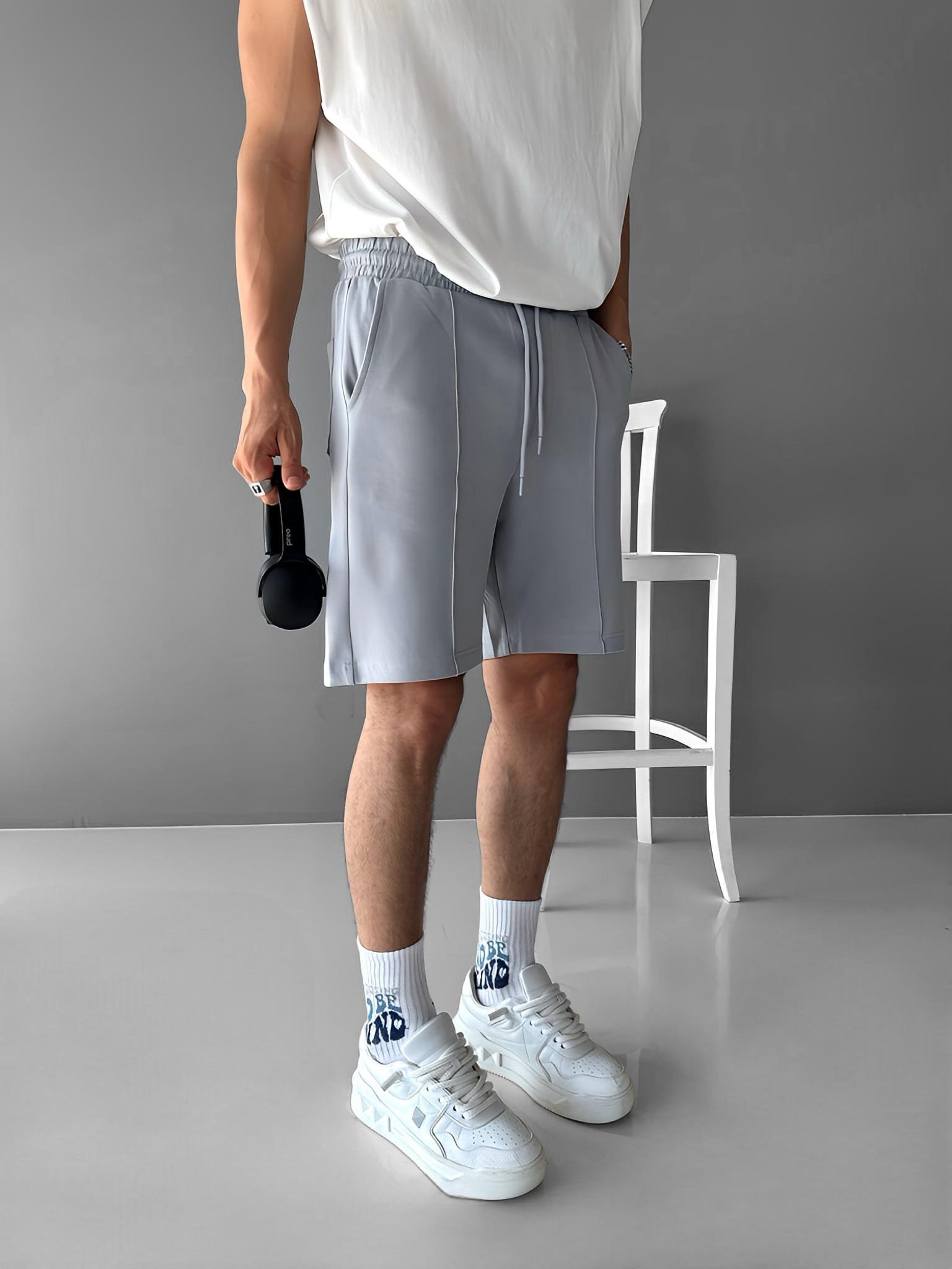 Erkek Oversize Beli Lastikli Şort Gri