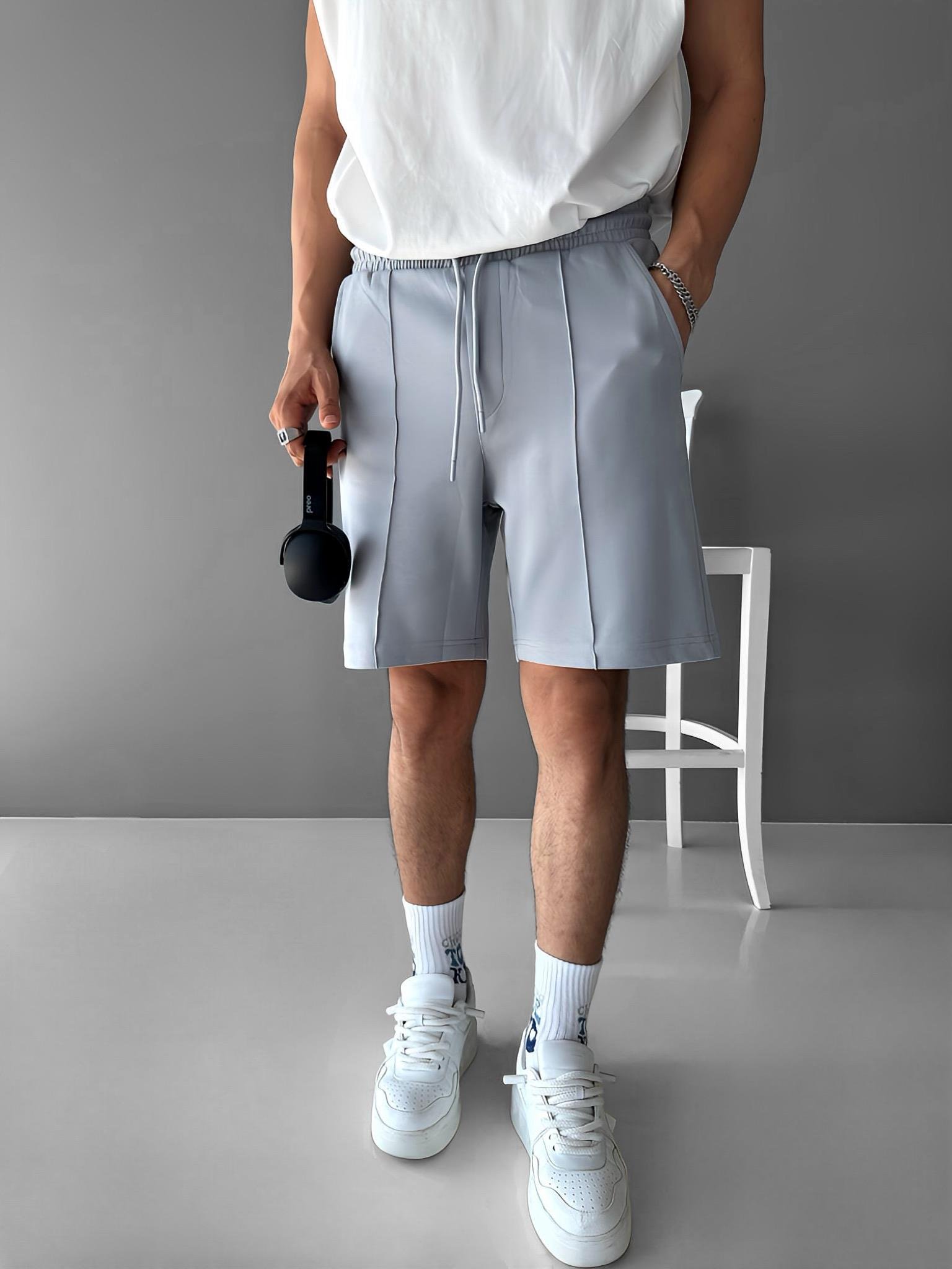 Erkek Oversize Beli Lastikli Şort Gri