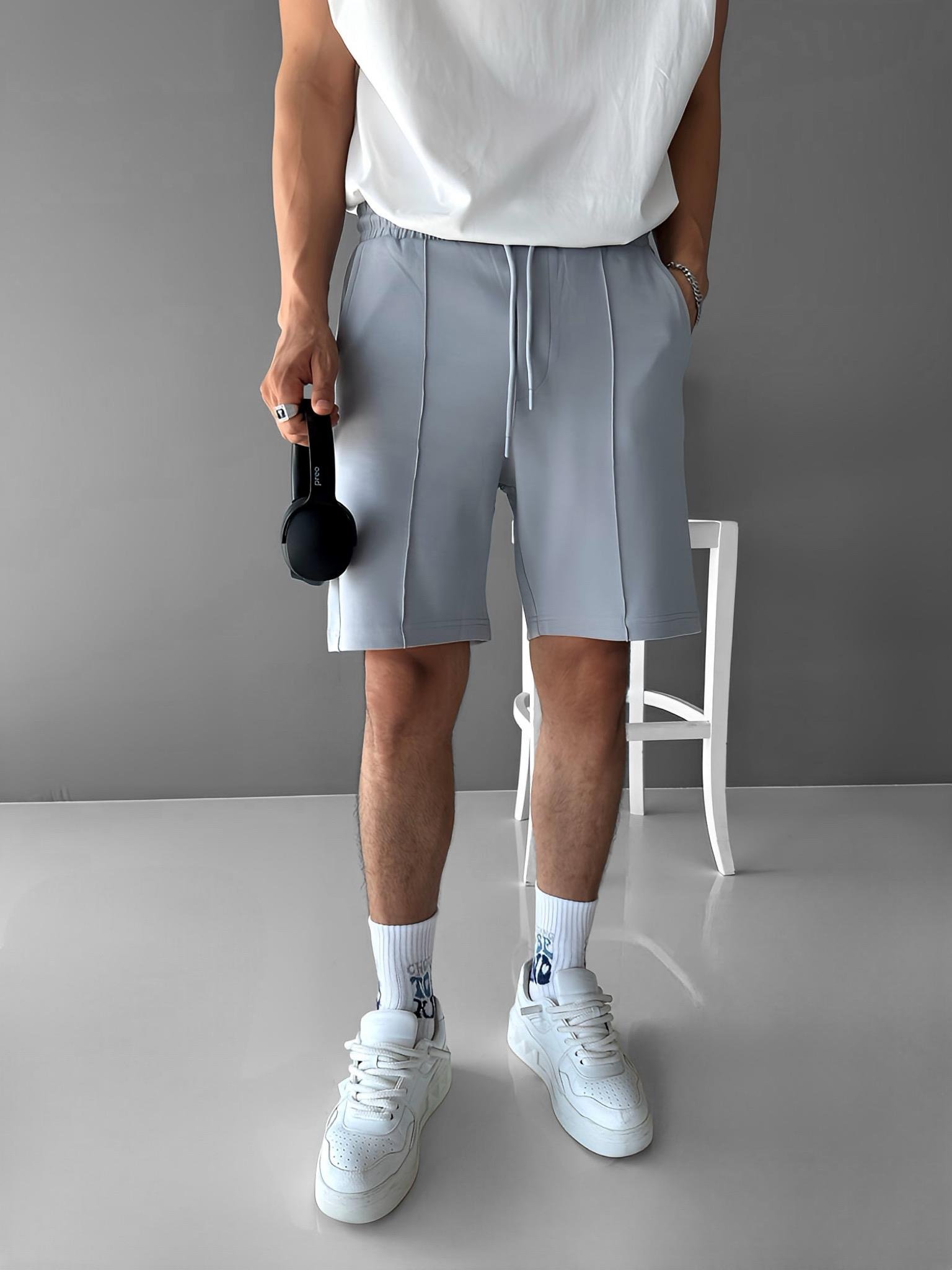 Erkek Oversize Beli Lastikli Şort Gri