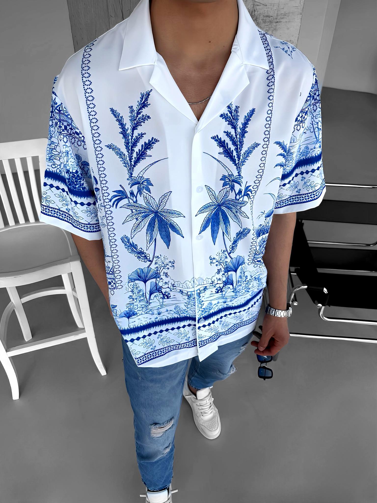 Erkek Oversize Çiçek Desenli Küba Yaka Kısa Kol Gömlek Ekru