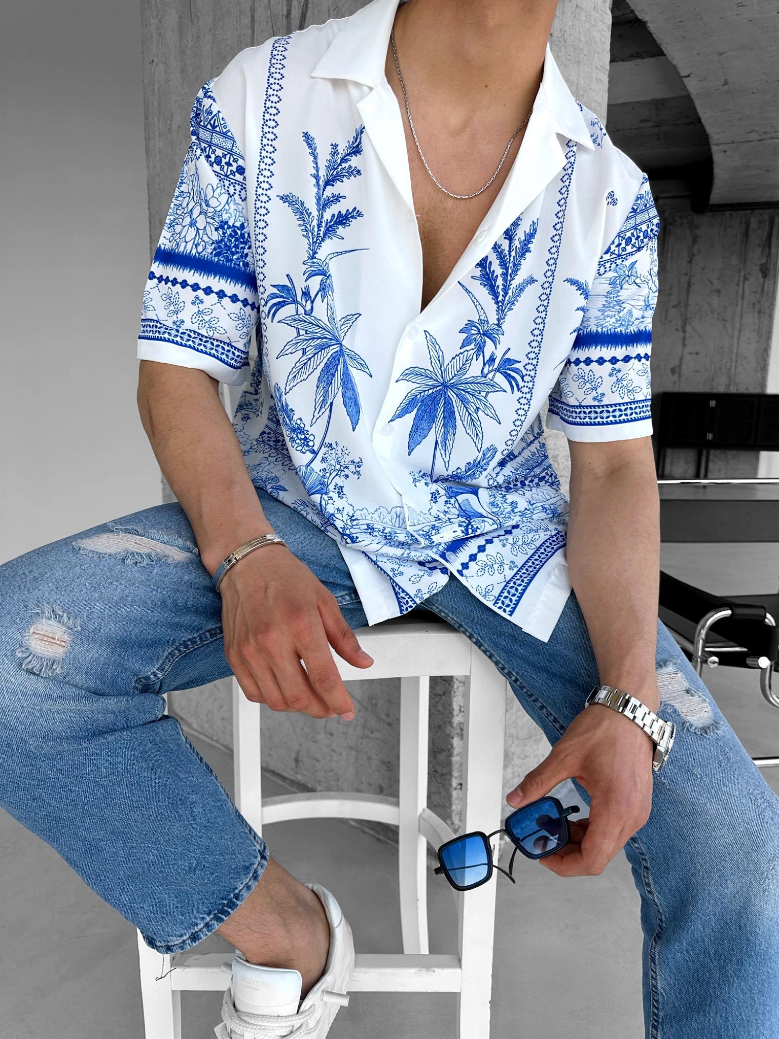 Erkek Oversize Çiçek Desenli Küba Yaka Kısa Kol Gömlek Ekru