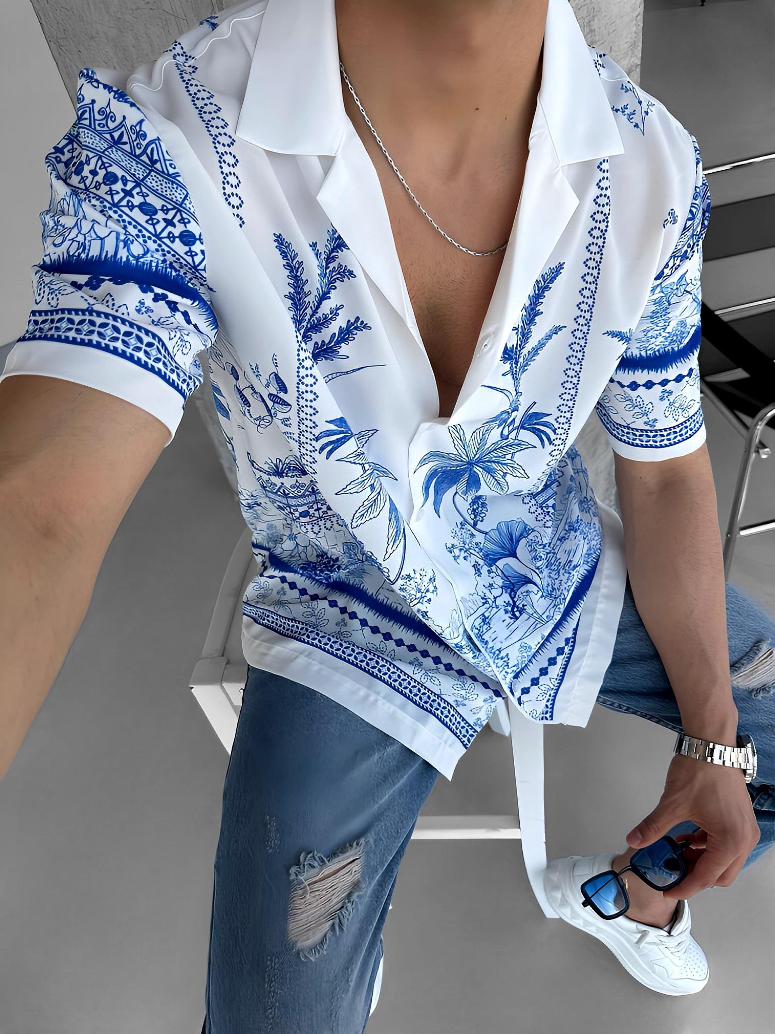 Erkek Oversize Çiçek Desenli Küba Yaka Kısa Kol Gömlek Ekru