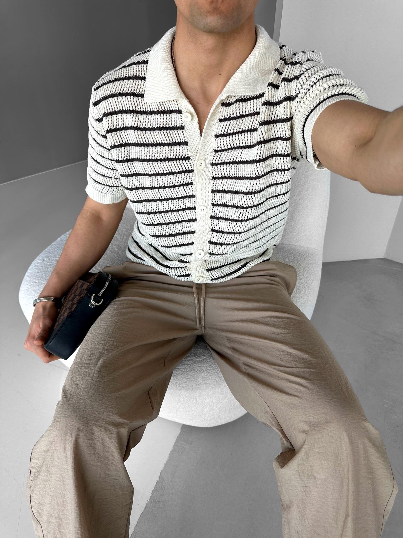 Erkek Oversize Çizgili Polo Yaka Örme Gömlek Kahve