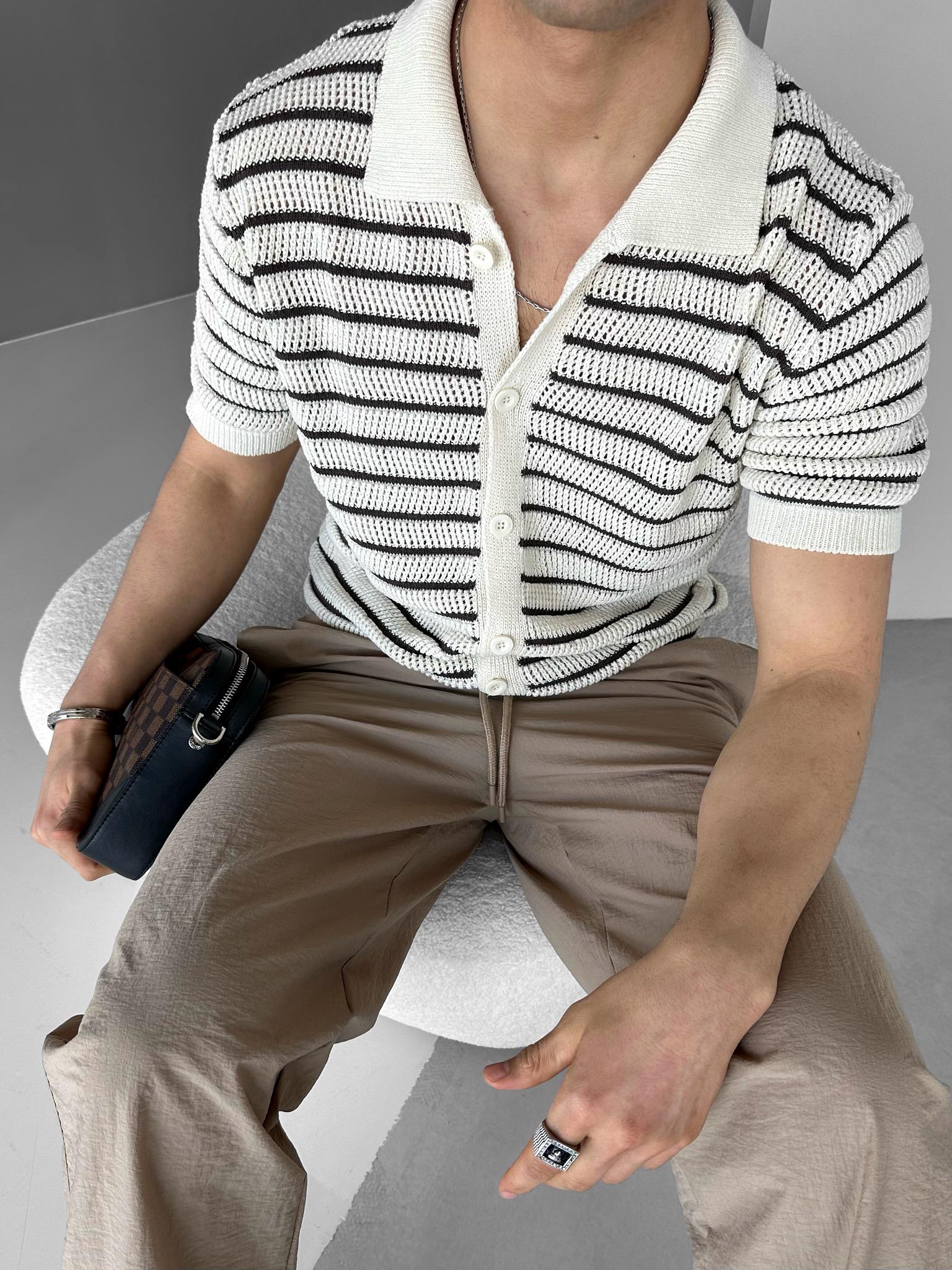 Erkek Oversize Çizgili Polo Yaka Örme Gömlek Kahve