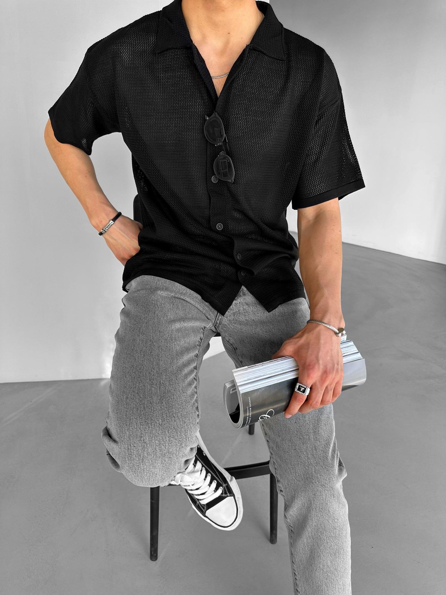 Erkek Oversize İnce Triko Gömlek Siyah