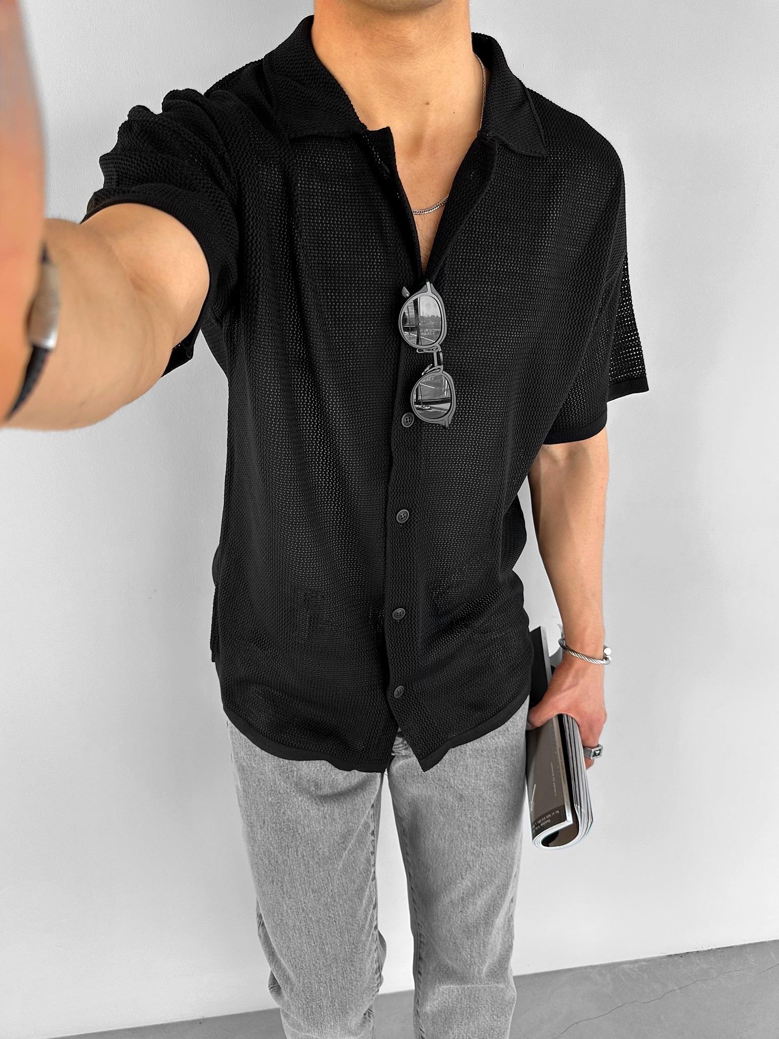 Erkek Oversize İnce Triko Gömlek Siyah