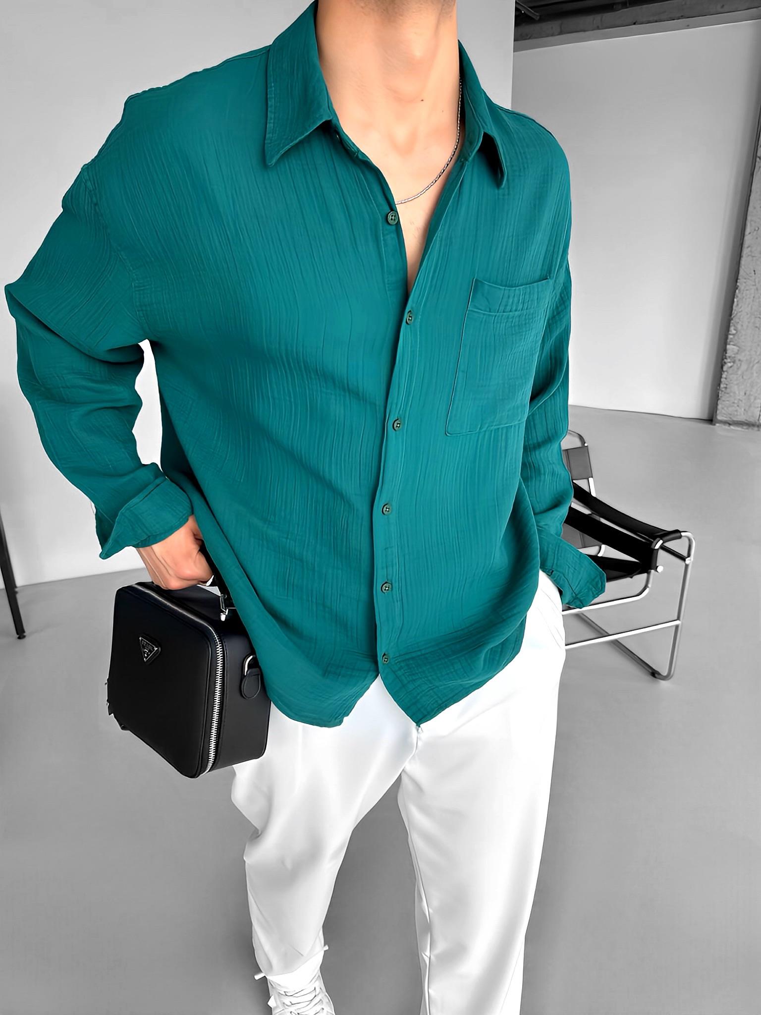 Erkek Oversize Fit Uzun Kollu Müslin Gömlek Koyu Yeşil