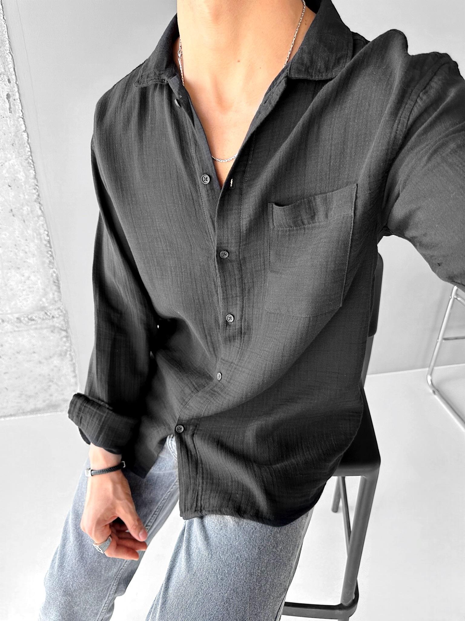 Erkek Oversize Fit Uzun Kollu Müslin Gömlek Siyah